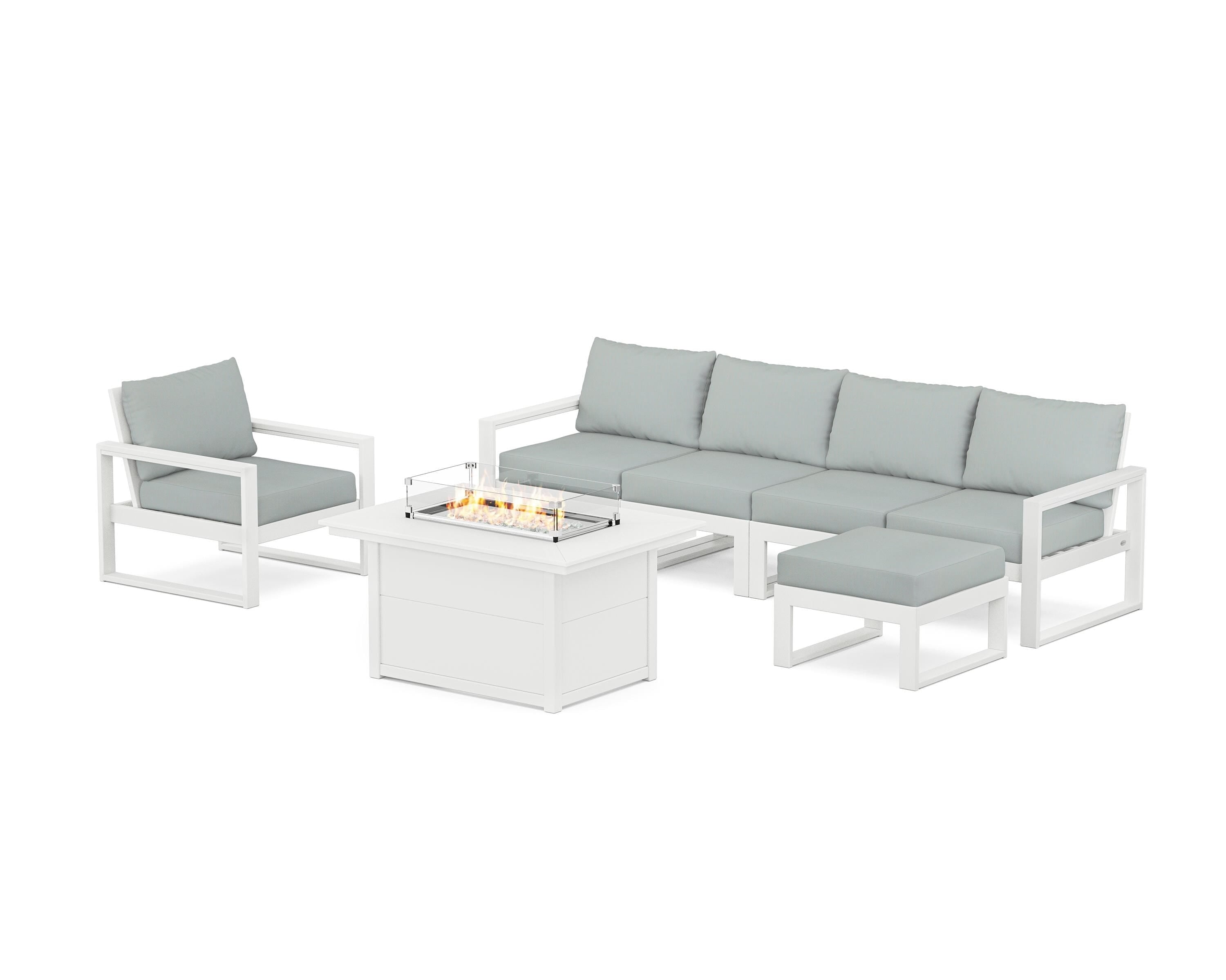 POLYWOOD EDGE Sectional Lounge and Fire Pit Set in White / Spa