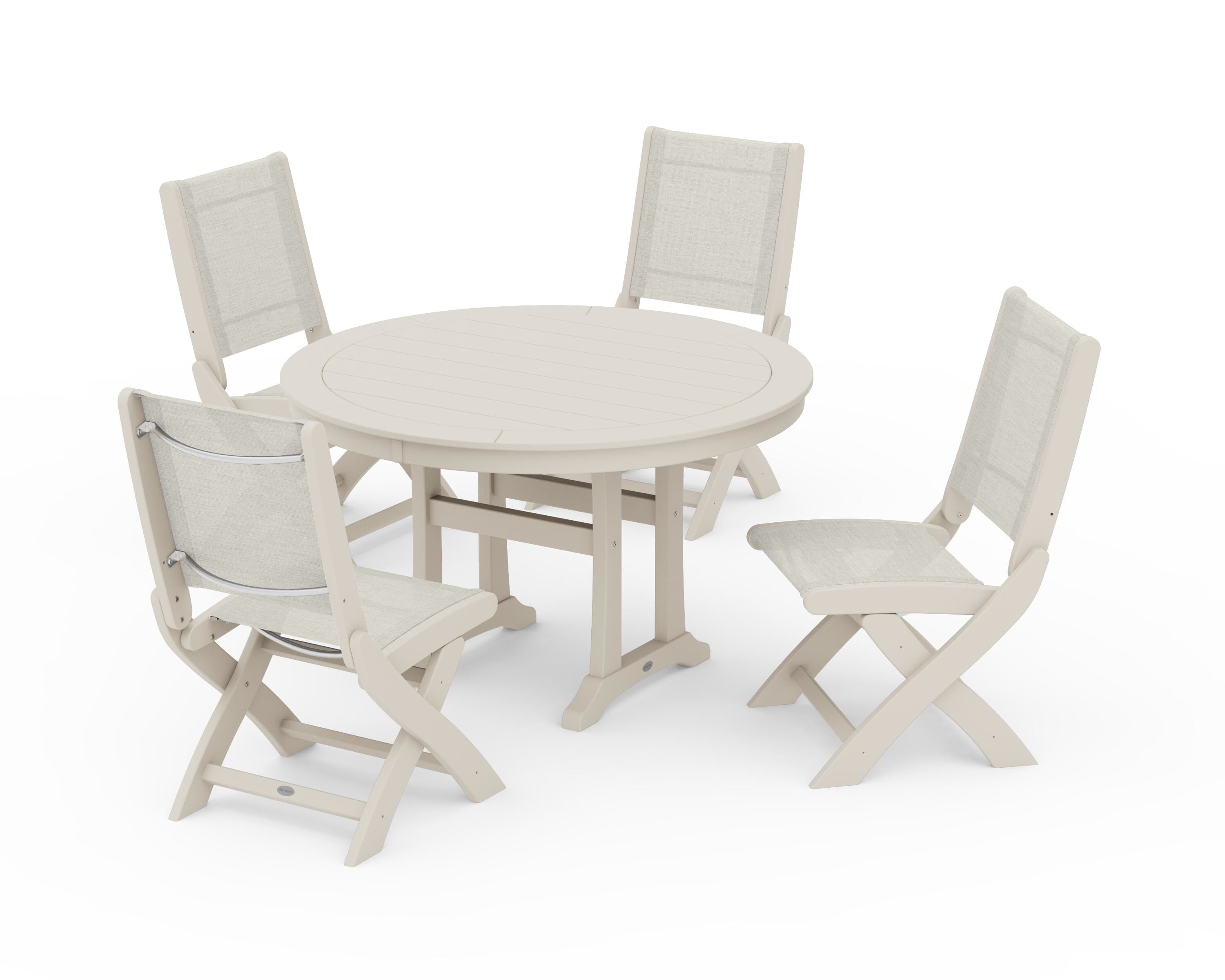 POLYWOOD Coastal Folding Side Chair 5-Piece Round Dining Set With Trestle Legs in Sand / Parchment Sling