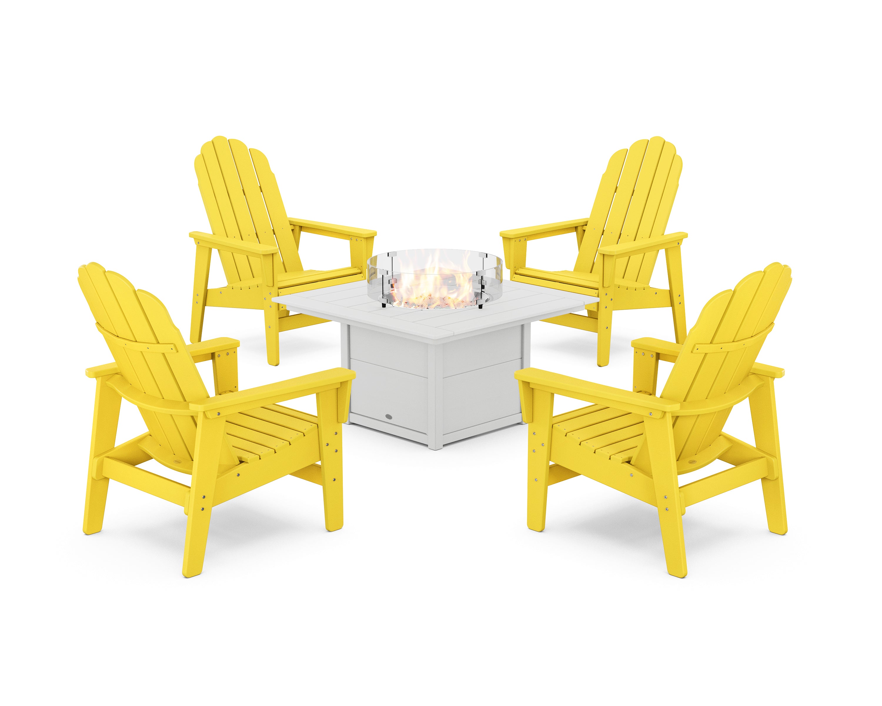 POLYWOOD® 5-Piece Vineyard Grand Upright Adirondack Conversation Set with Fire Pit Table in Lemon / White