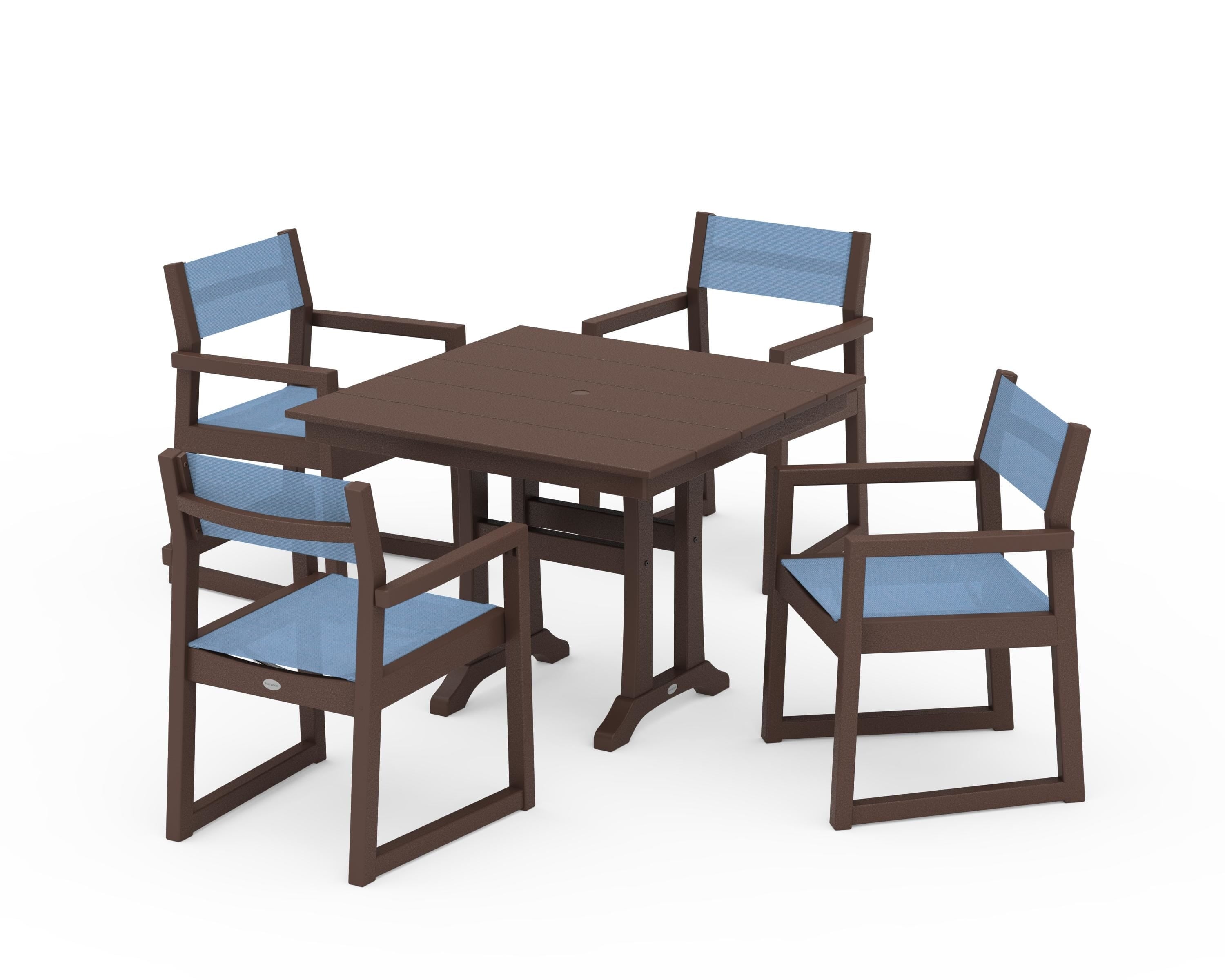 POLYWOOD EDGE Sling 5-Piece Farmhouse Dining Set with Trestle Legs in Mahogany / Poolside Sling