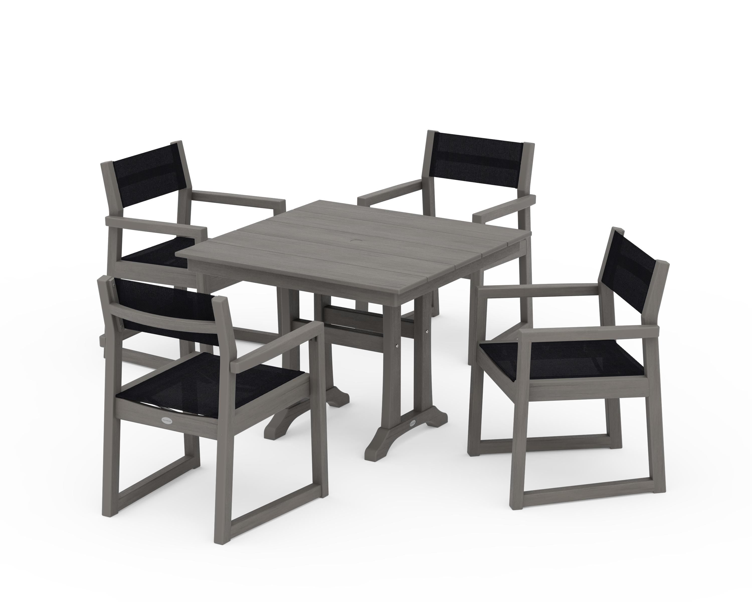 POLYWOOD EDGE Sling 5-Piece Farmhouse Dining Set with Trestle Legs in Driftwood / Black Sling