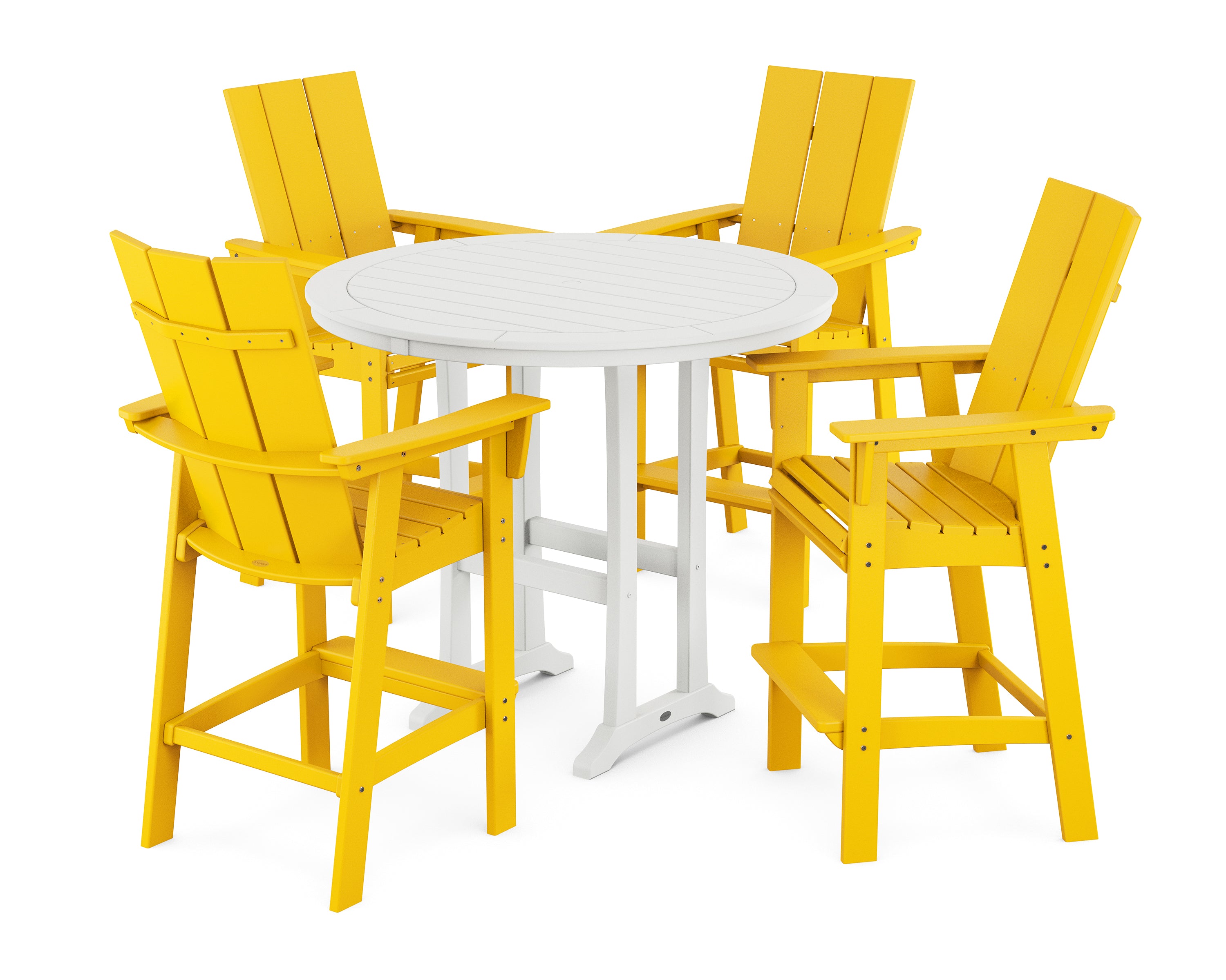 POLYWOOD® Modern Curveback Adirondack 5-Piece Nautical Trestle Bar Set in Lemon / White