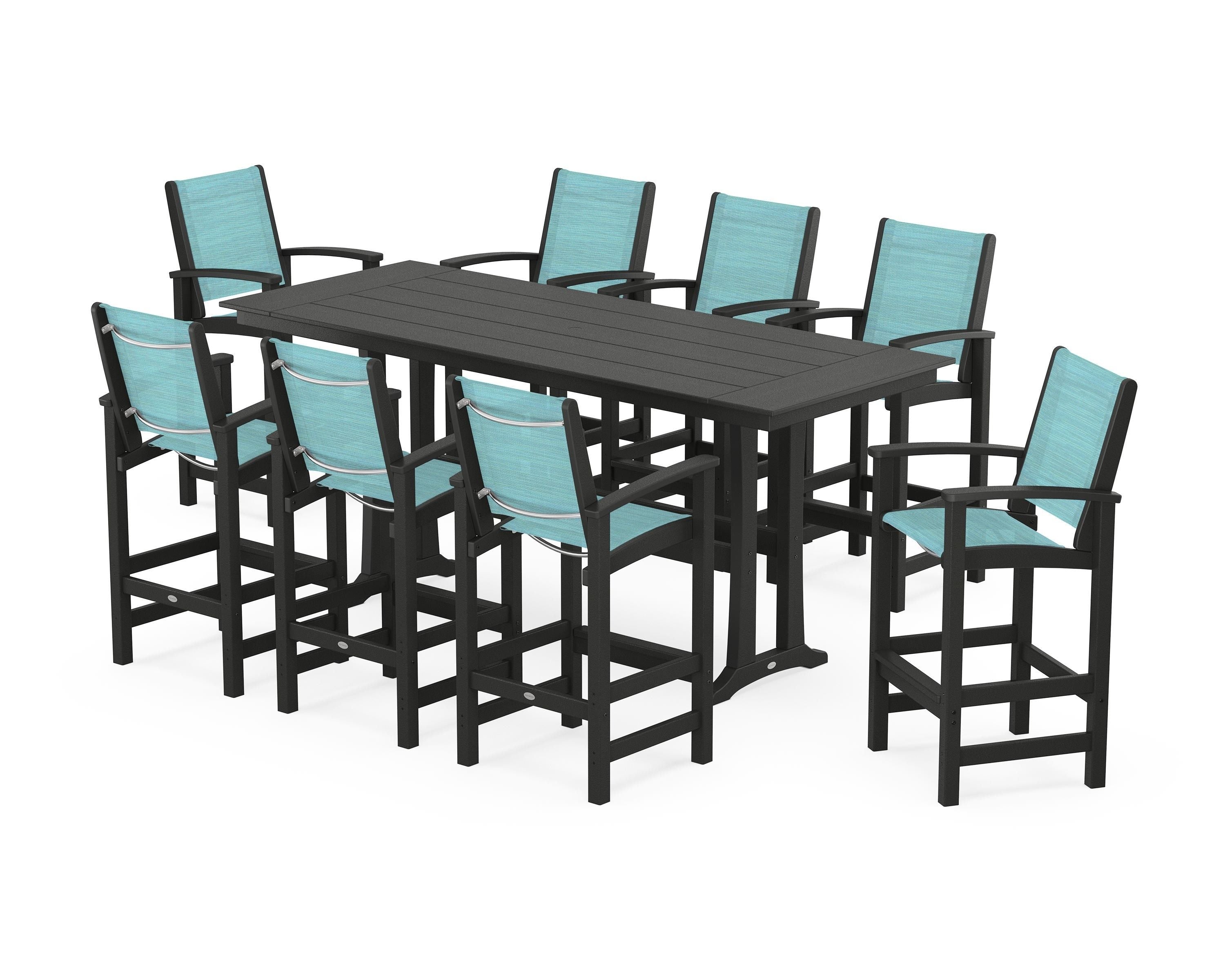 POLYWOOD Coastal 9-Piece Farmhouse Bar Set with Trestle Legs in Black / Dupioni Aquamarine Sling