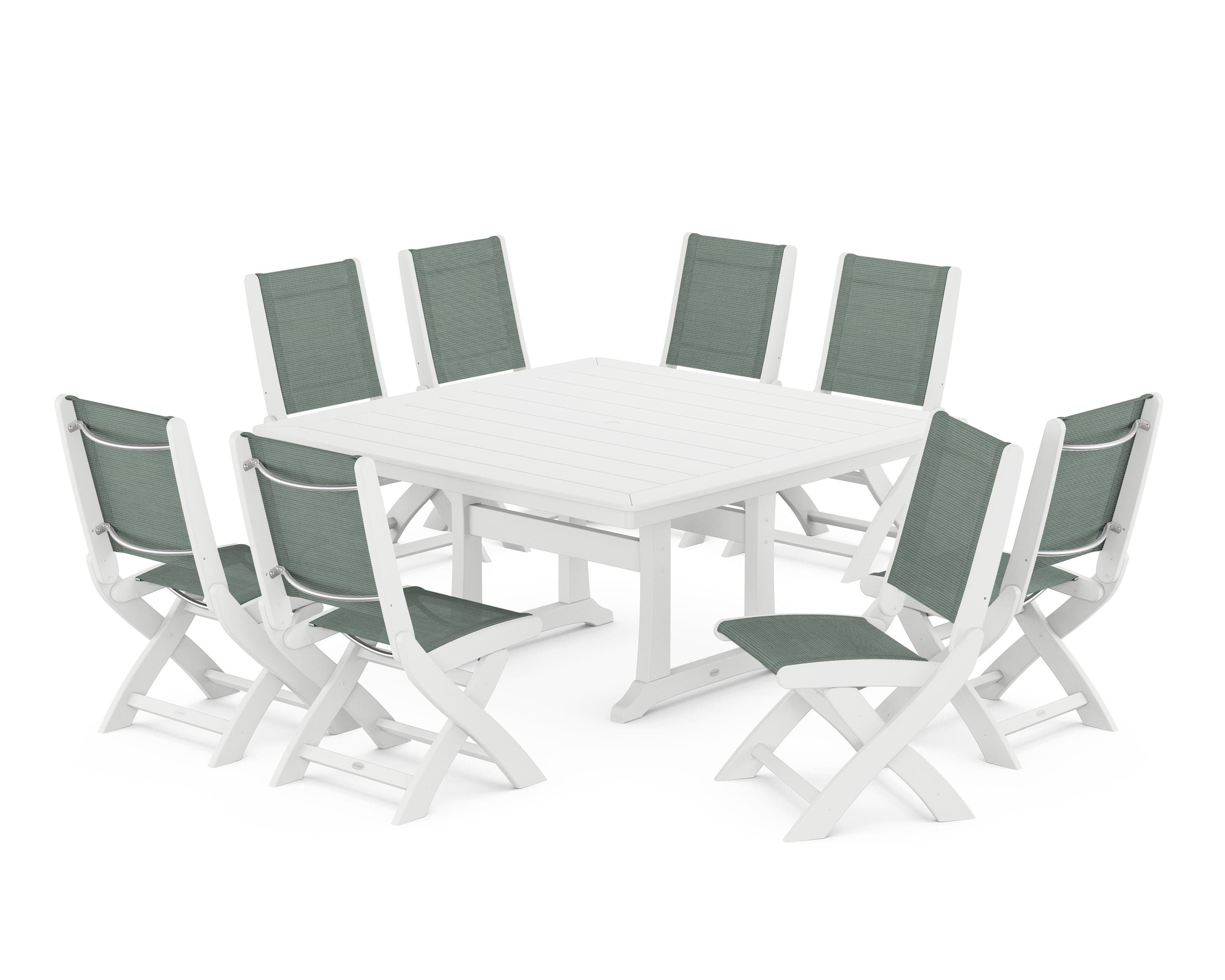 POLYWOOD Coastal Folding Side Chair 9-Piece Dining Set with Trestle Legs in White / Dupioni Sea Mist Sling