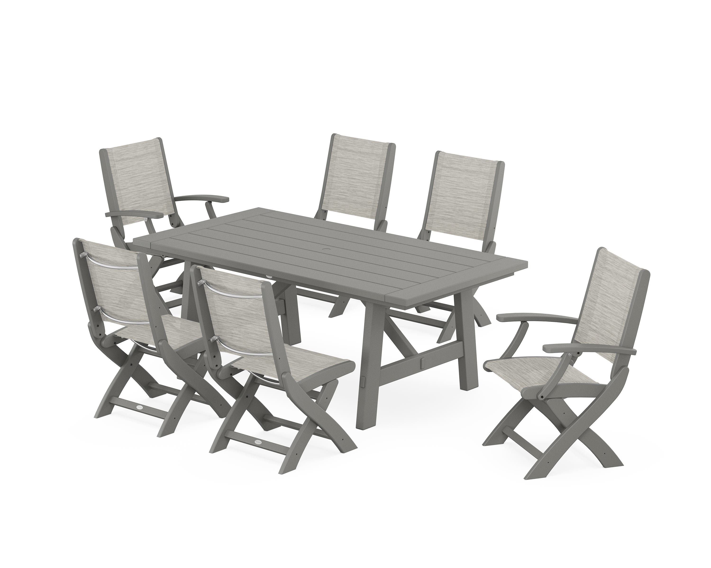 POLYWOOD Coastal Folding Chair 7-Piece Rustic Farmhouse Dining Set in Slate Grey / Birch Sling