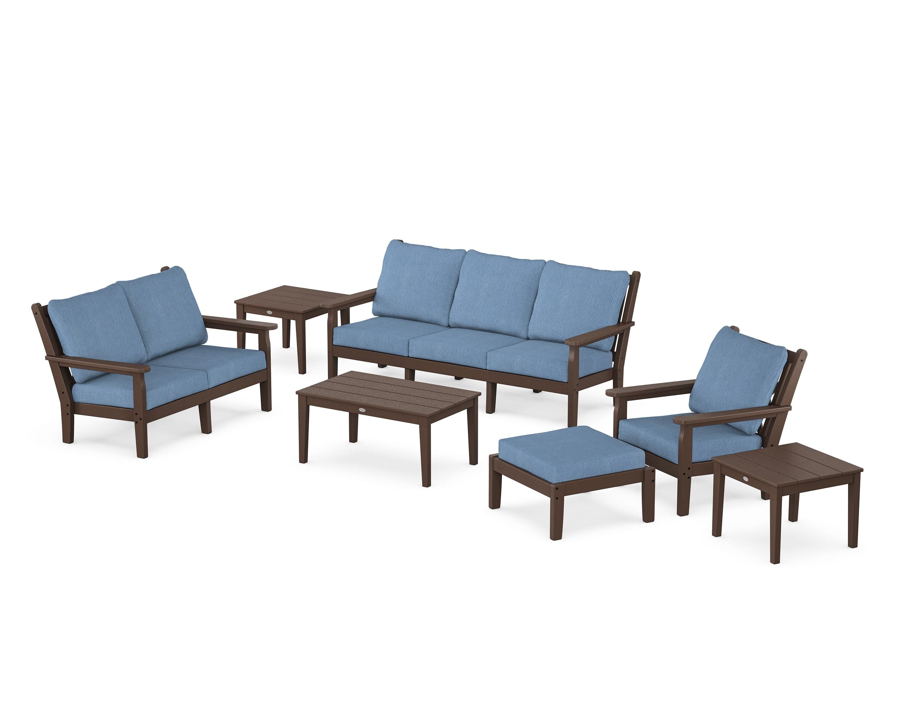 POLYWOOD Chippendale 7-Piece Deep Seating Set in Mahogany / Sky Blue