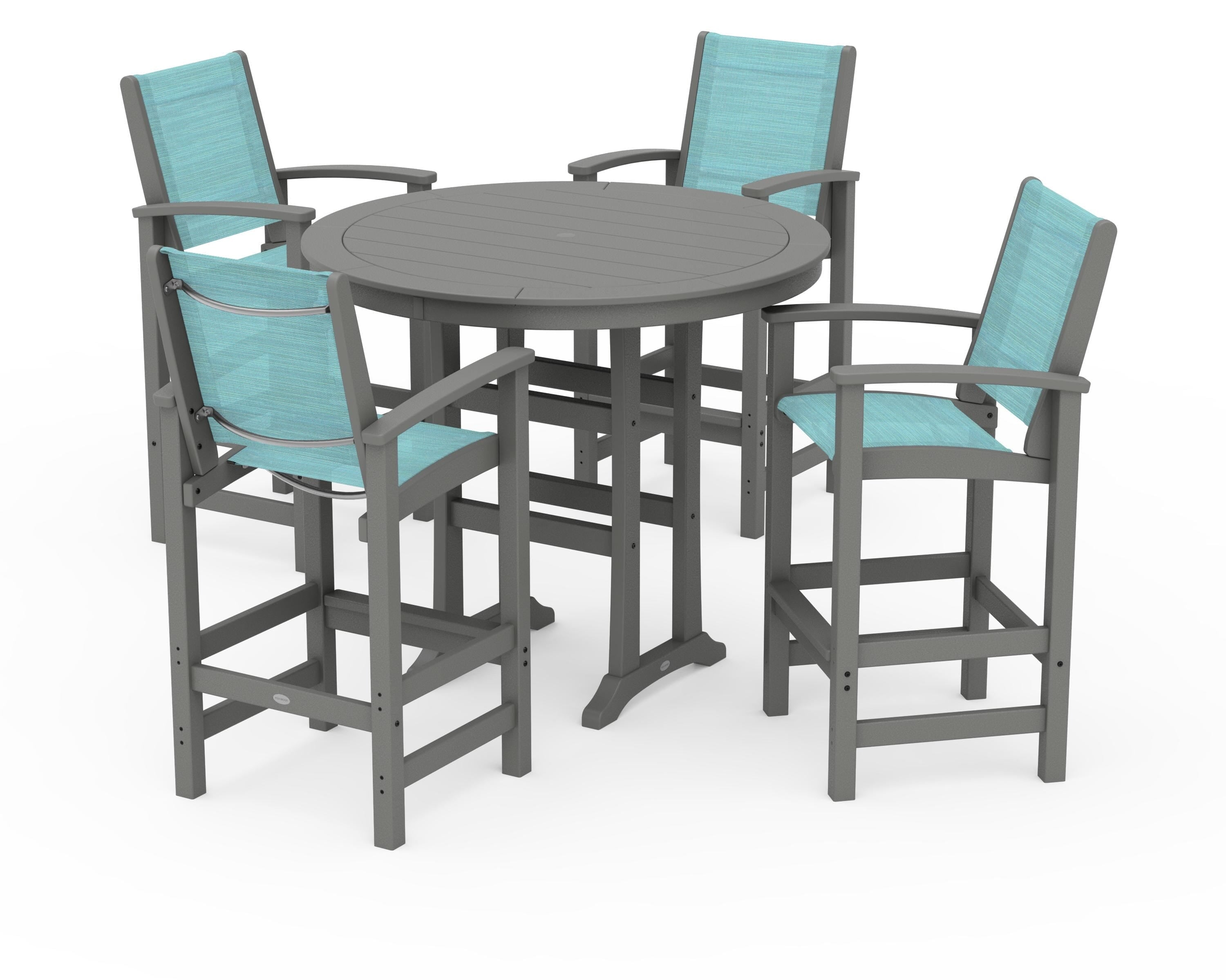 POLYWOOD Coastal 5-Piece Nautical Trestle Bar Set in Slate Grey / Dupioni Aquamarine Sling