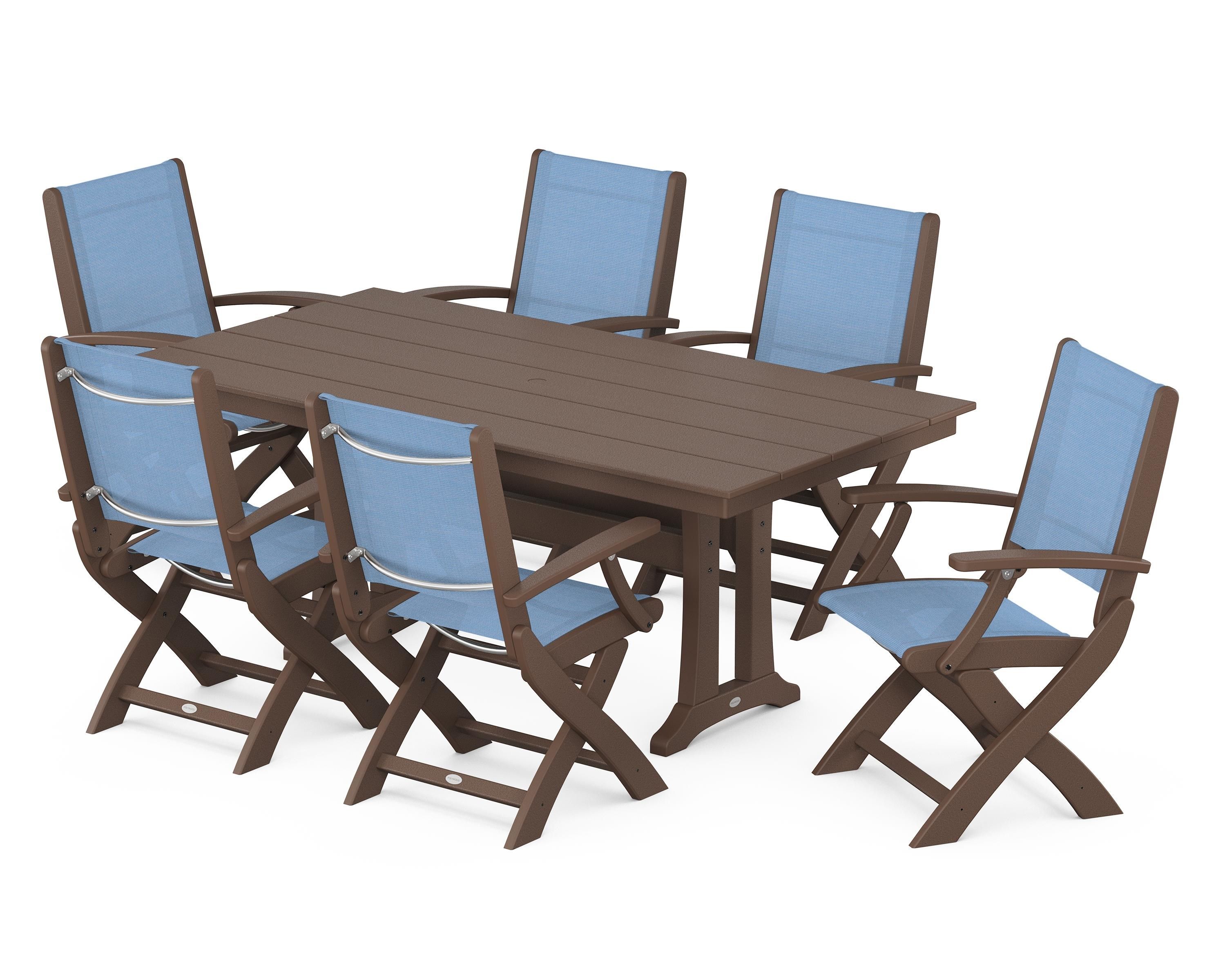 POLYWOOD Coastal Folding Arm Chair 7-Piece Farmhouse Dining Set with Trestle Legs in Mahogany / Poolside Sling