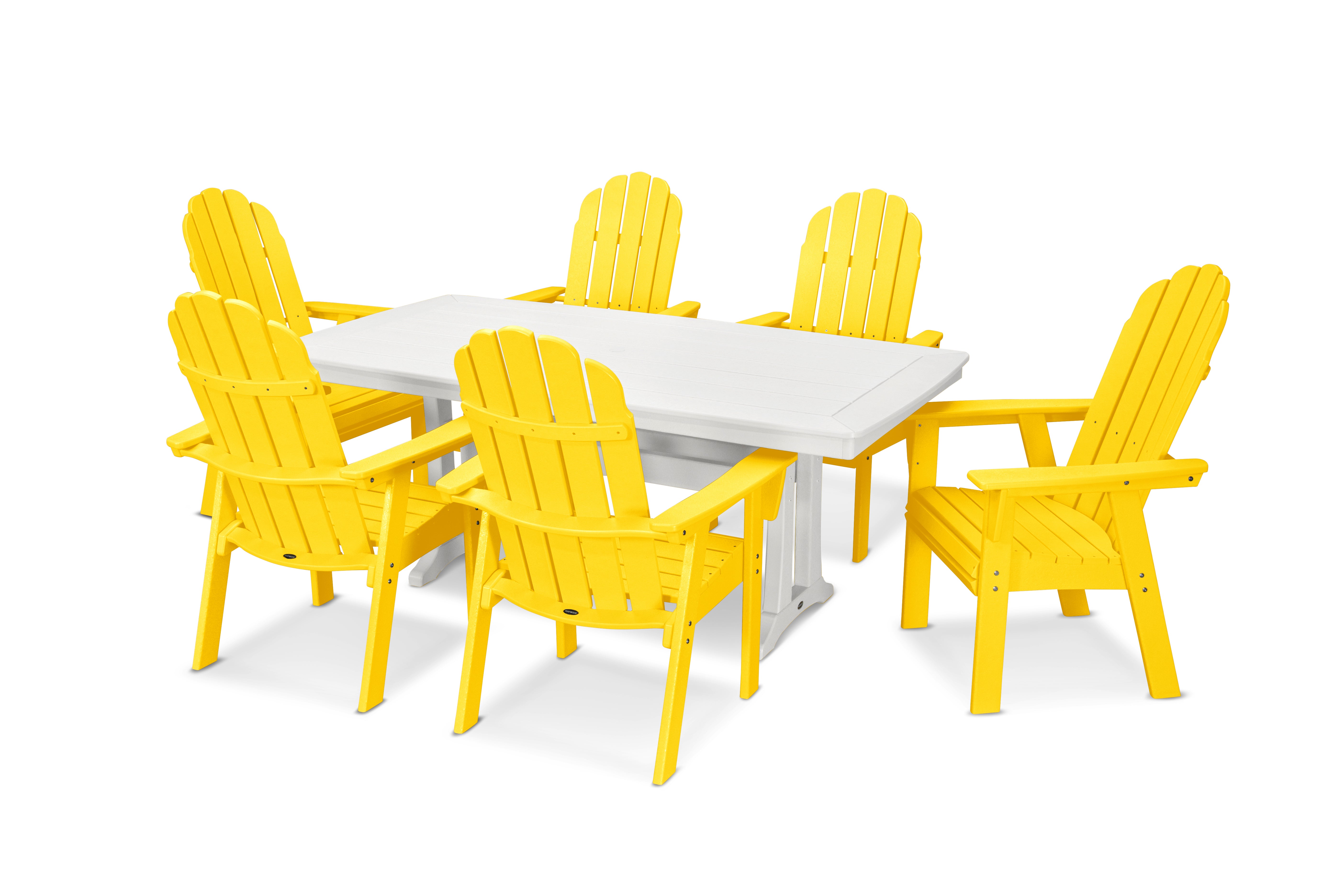 POLYWOOD® Vineyard Curveback Adirondack 7-Piece Dining Set with Trestle Legs in Lemon / White