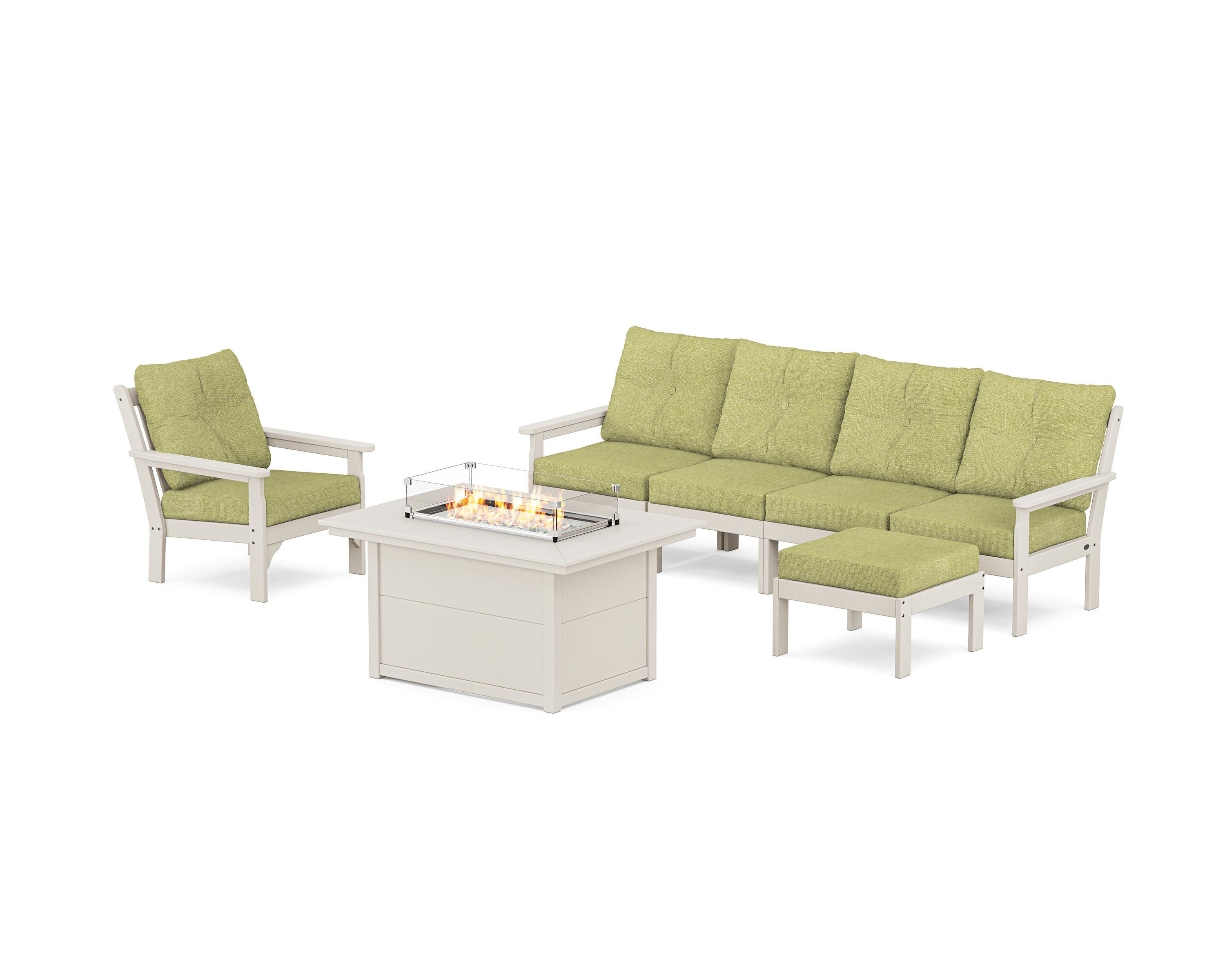 POLYWOOD Vineyard Sectional Lounge and Fire Pit Set in Sand / Chartreuse Boucle