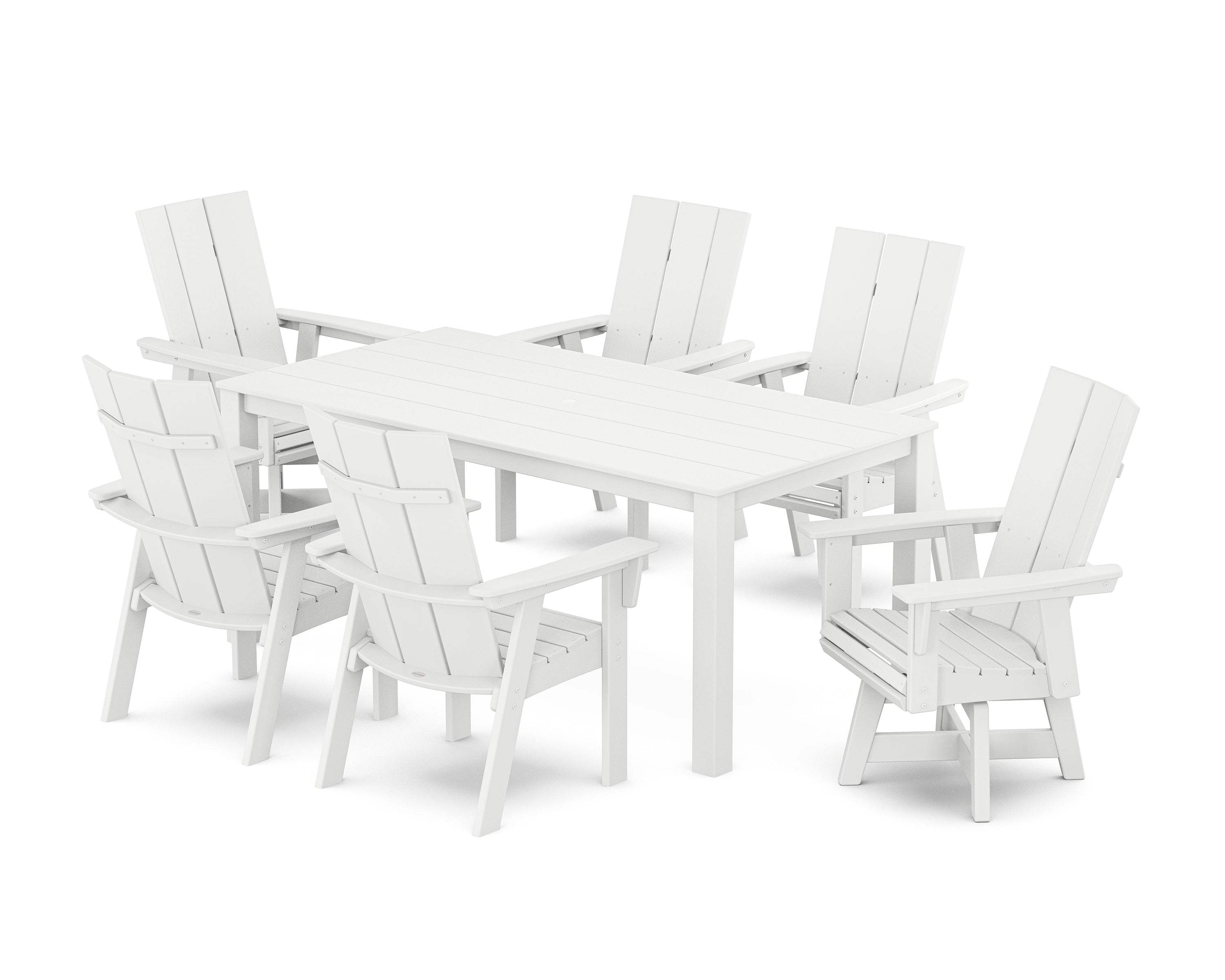 POLYWOOD® Modern Curveback Adirondack 7-Piece Parsons Swivel Dining Set in White