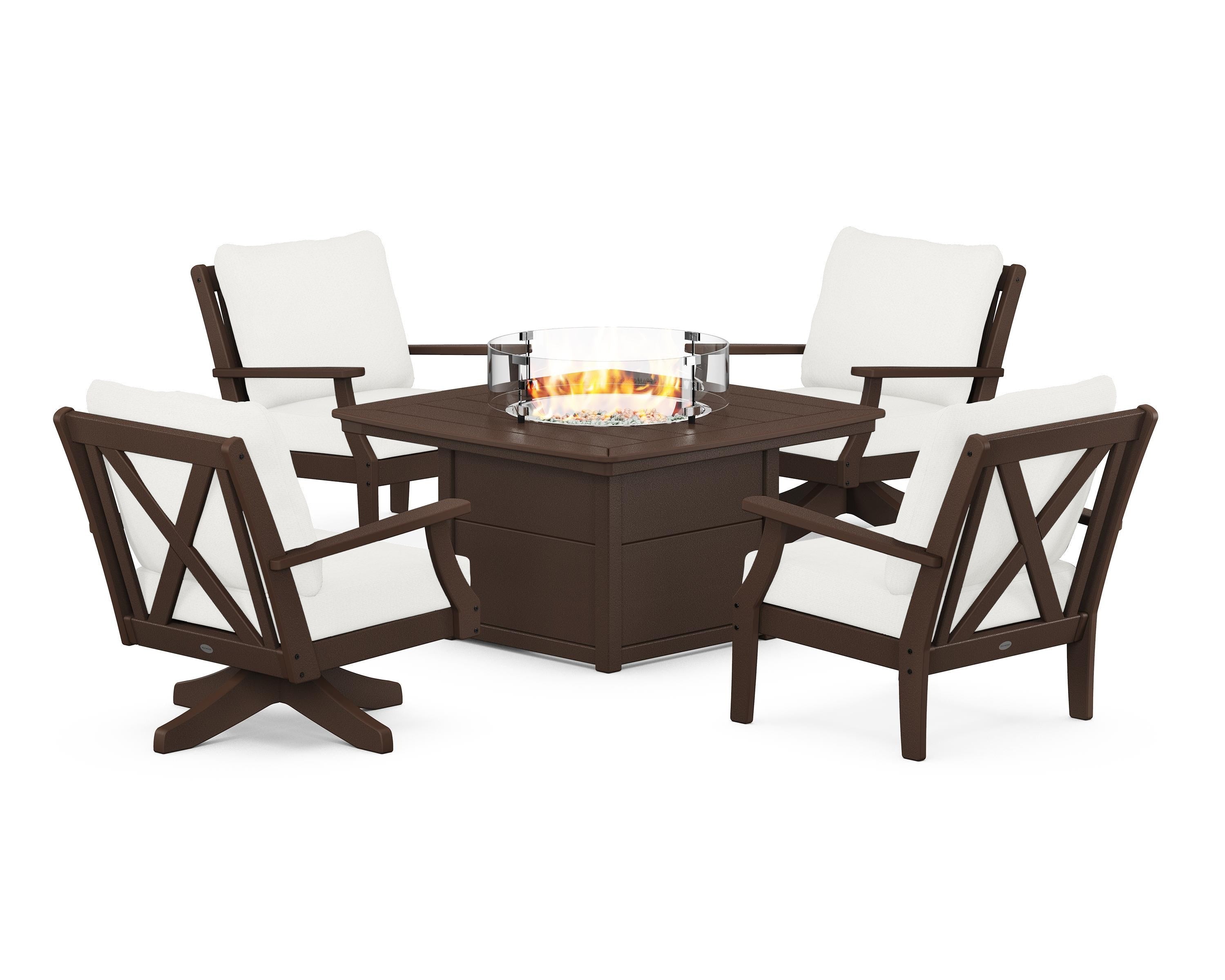 POLYWOOD Braxton 5-Piece Deep Seating Set with Fire Table in Mahogany / Natural Linen