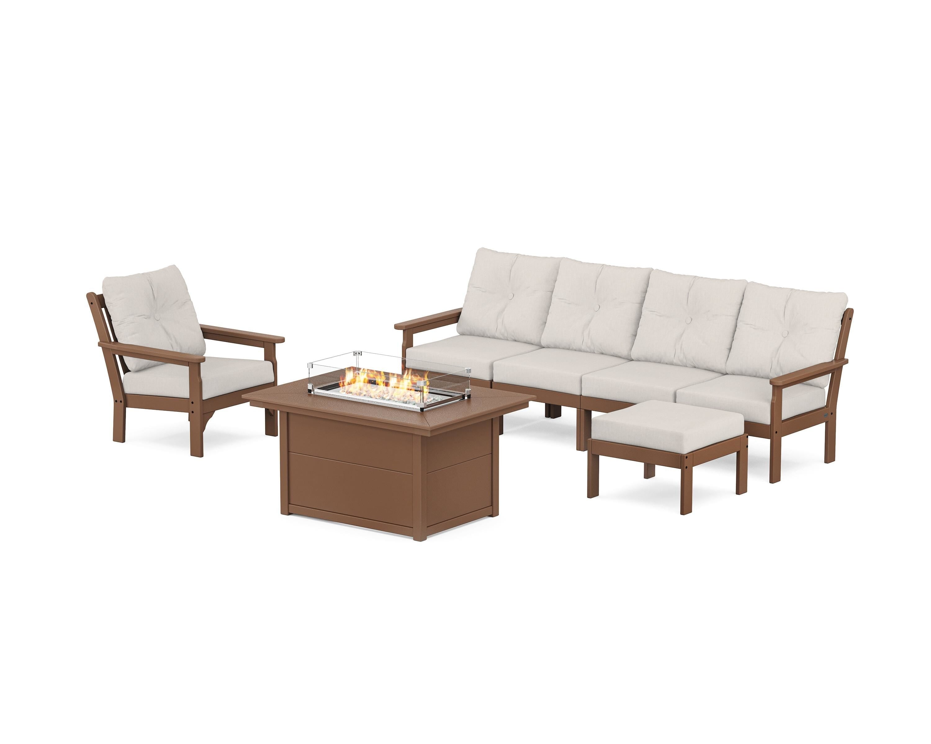 POLYWOOD Vineyard Sectional Lounge and Fire Pit Set in Teak / Cast Ash