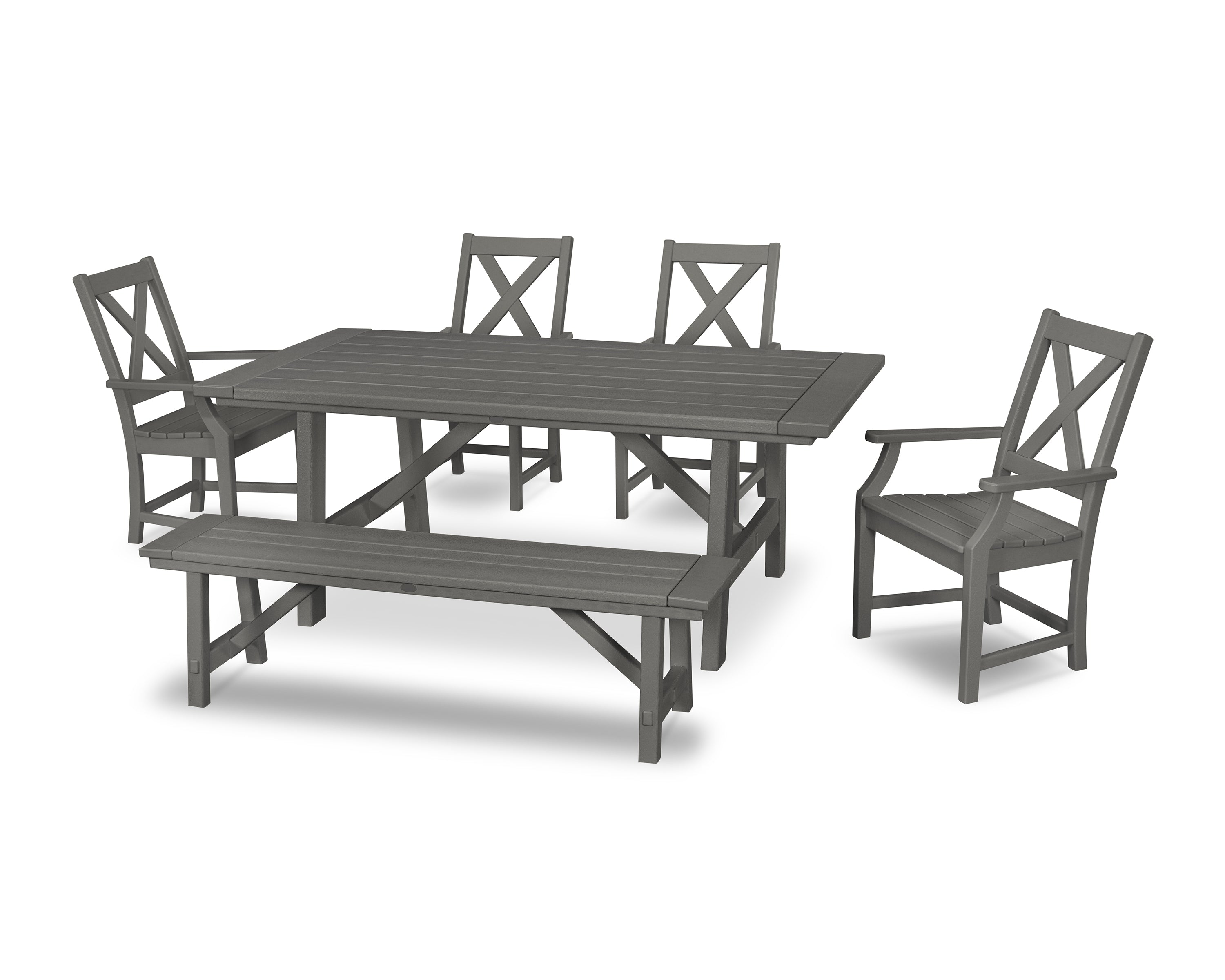 POLYWOOD® Braxton 6-Piece Rustic Farmhouse Arm Chair Dining Set with Bench in Slate Grey