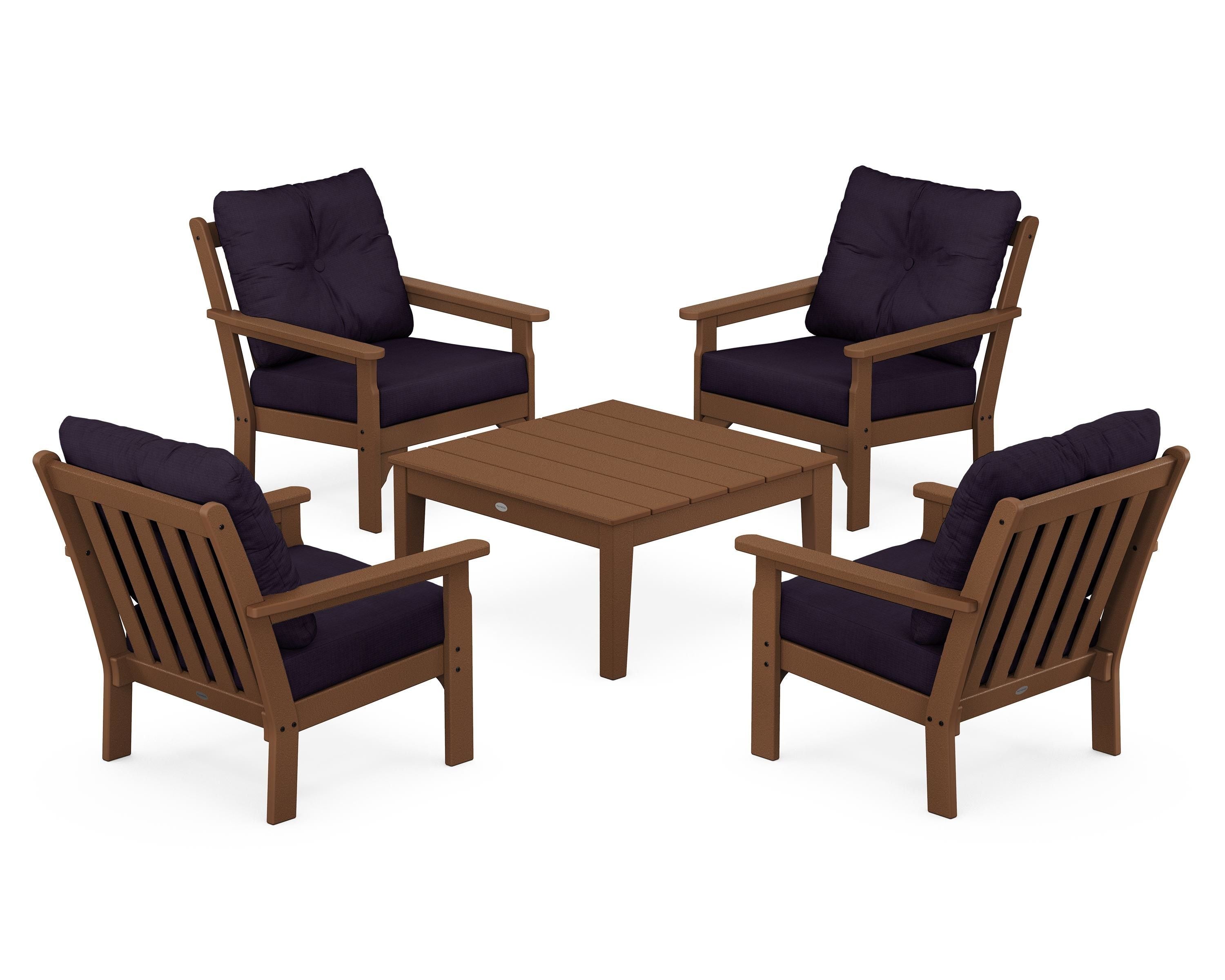 POLYWOOD Vineyard 5-Piece Deep Seating Conversation Set in Teak / Navy Linen