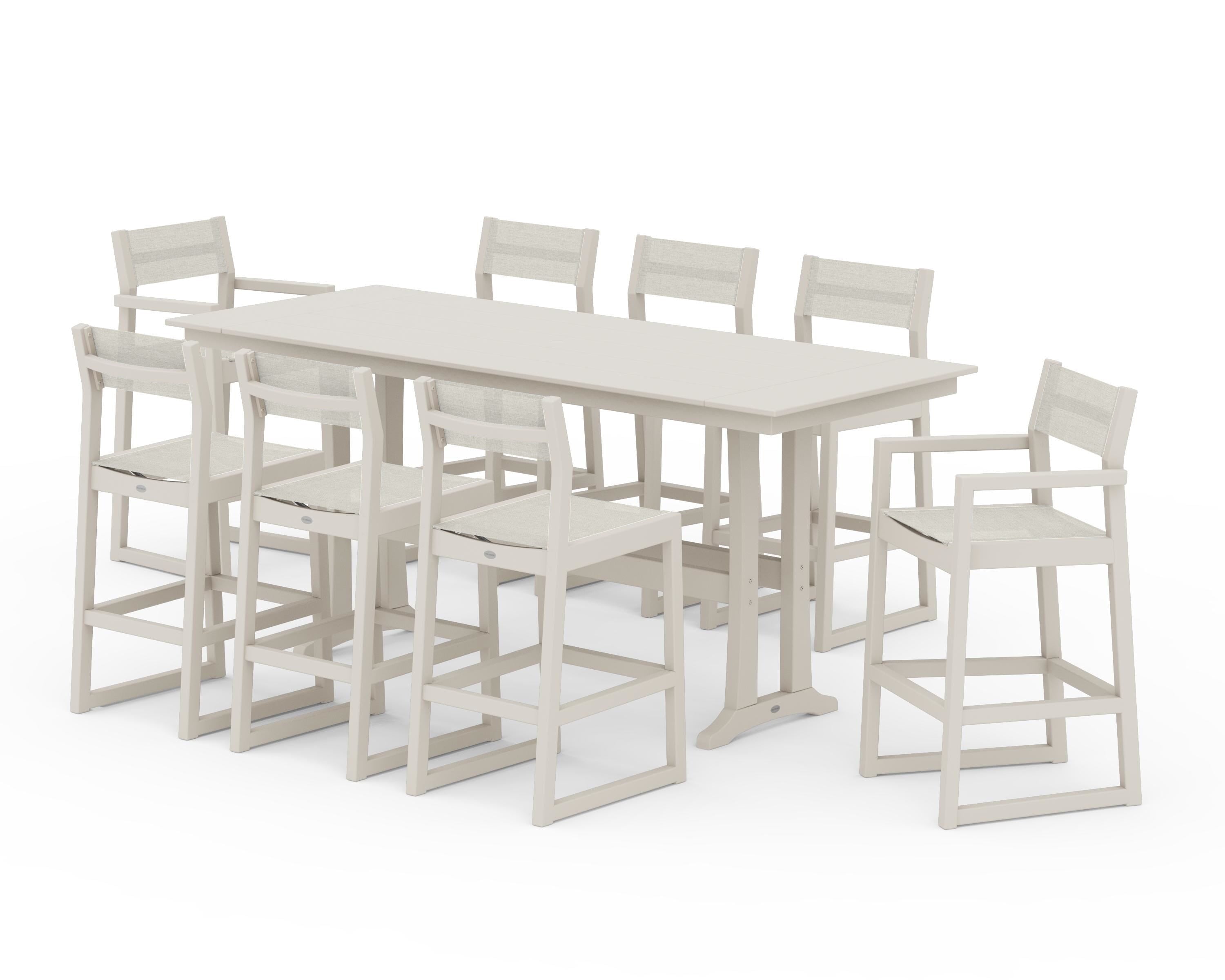 POLYWOOD EDGE Sling 9-Piece Farmhouse Bar Set with Trestle Legs in Sand / Parchment Sling