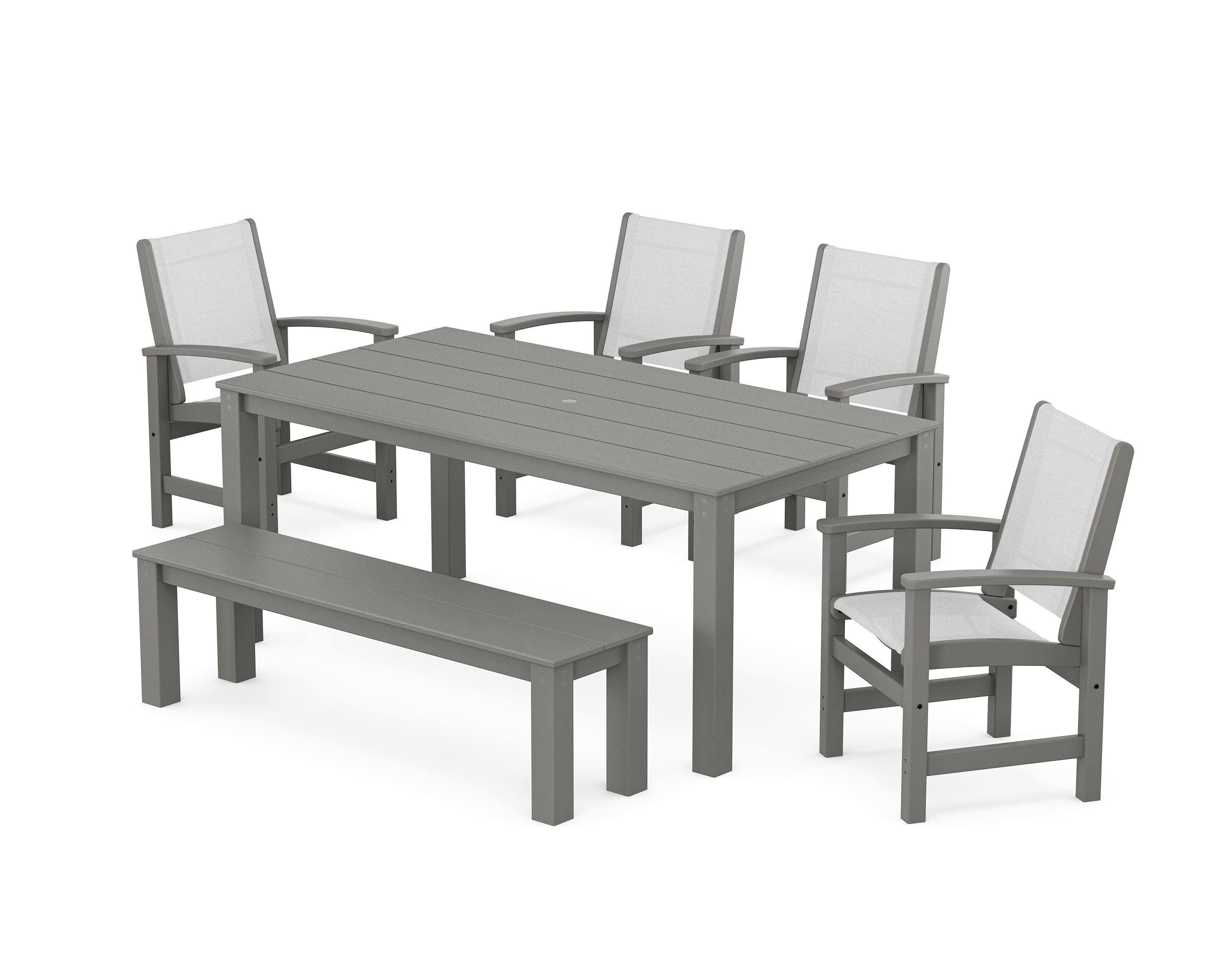 POLYWOOD Coastal 6-Piece Parsons Dining Set with Bench in Slate Grey / White Sling