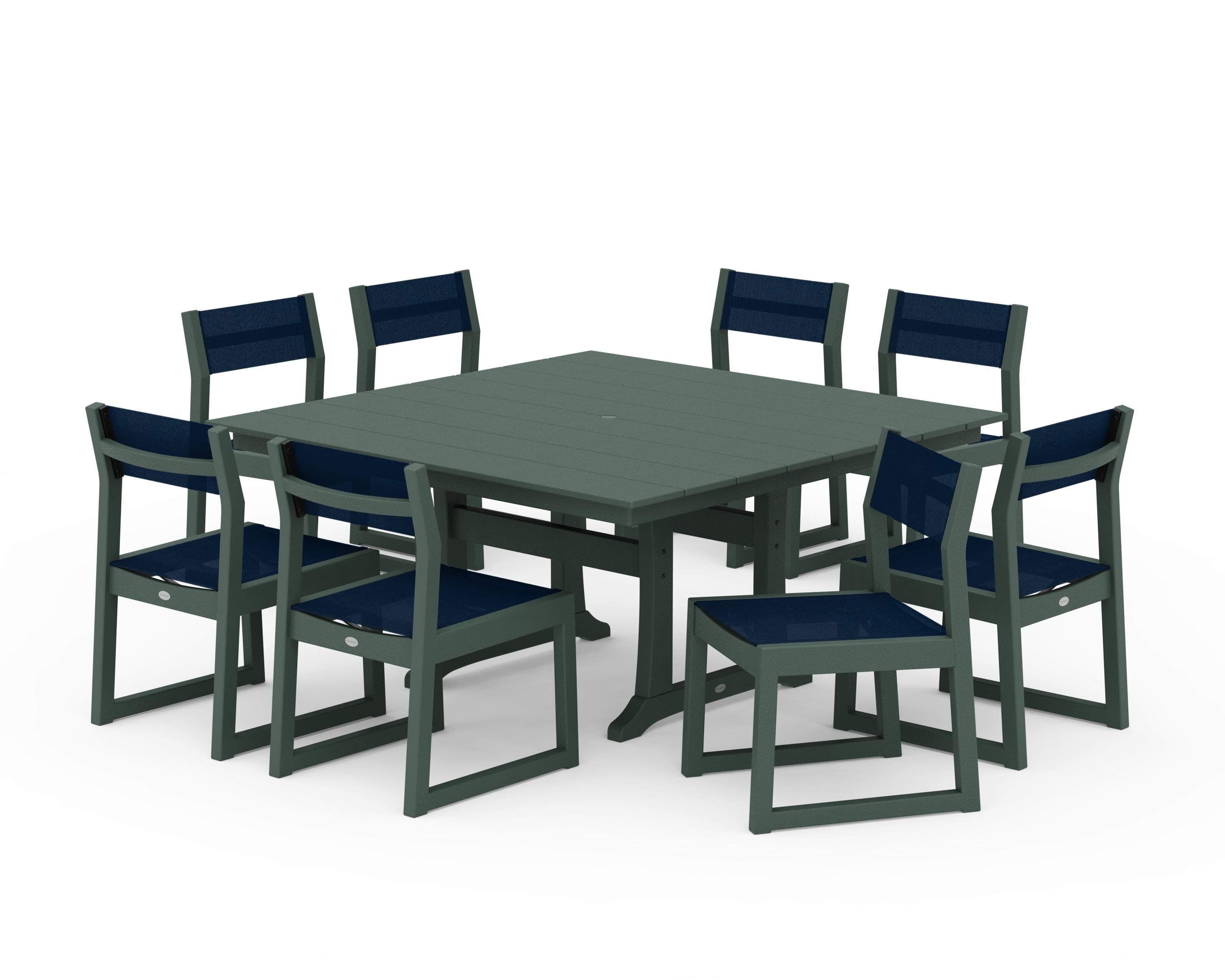 POLYWOOD EDGE Sling Side Chair 9-Piece Farmhouse Trestle Dining Set in Green / Navy Blue Sling