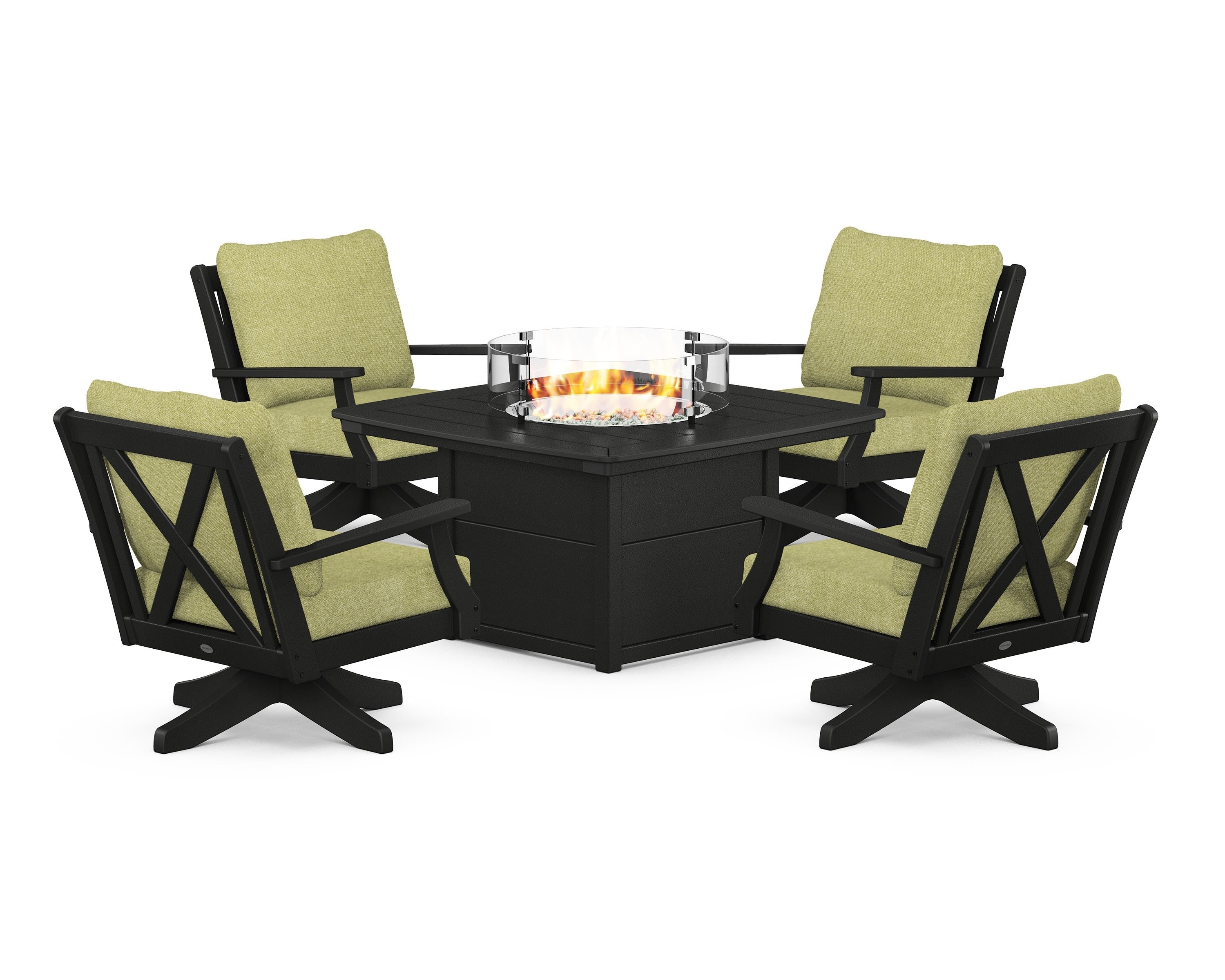 POLYWOOD Braxton 5-Piece Deep Seating Swivel Conversation Set with Fire Pit Table in Black / Chartreuse Boucle