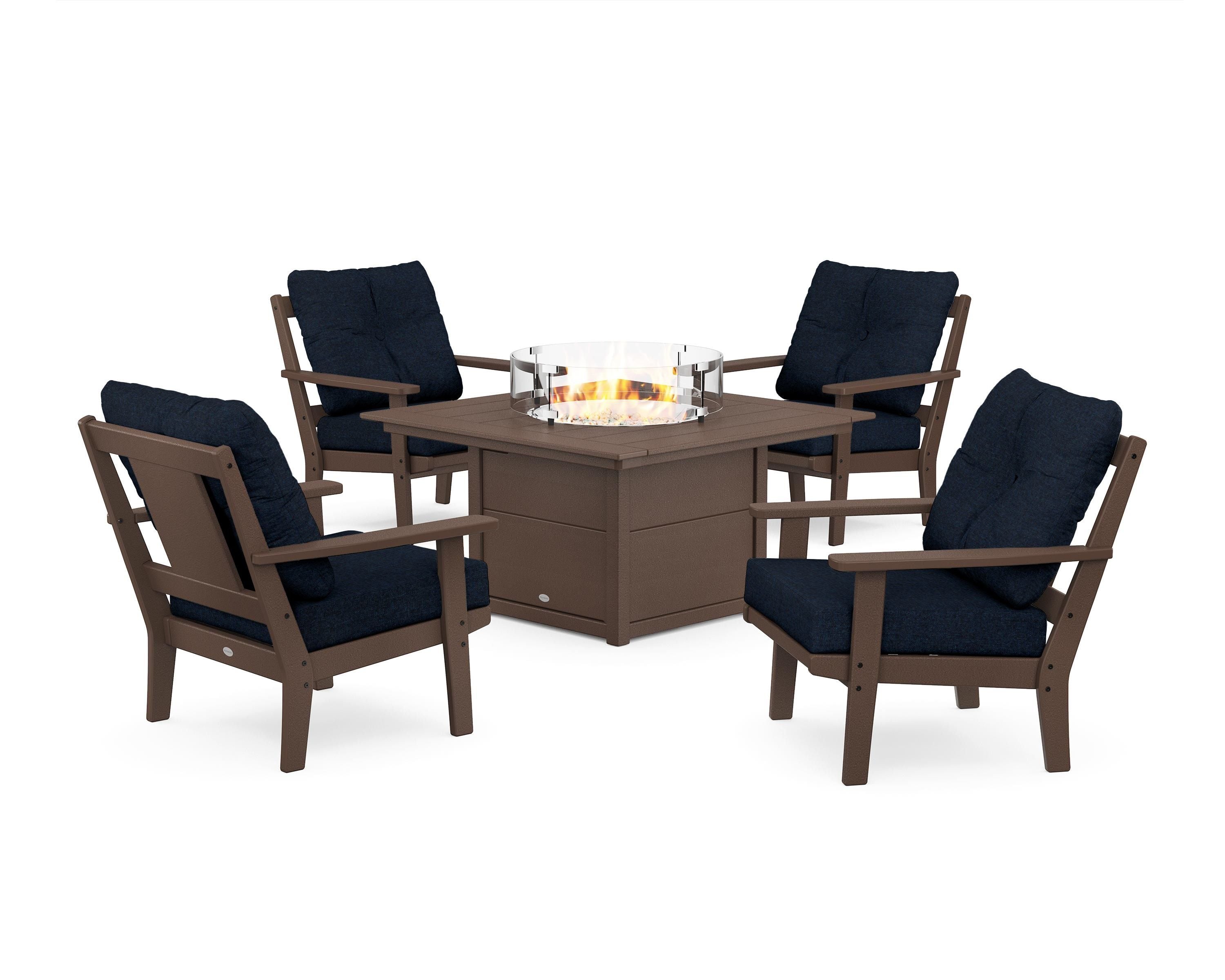 POLYWOOD Prairie 5-Piece Deep Seating Set with Fire Pit Table in Mahogany / Marine Indigo