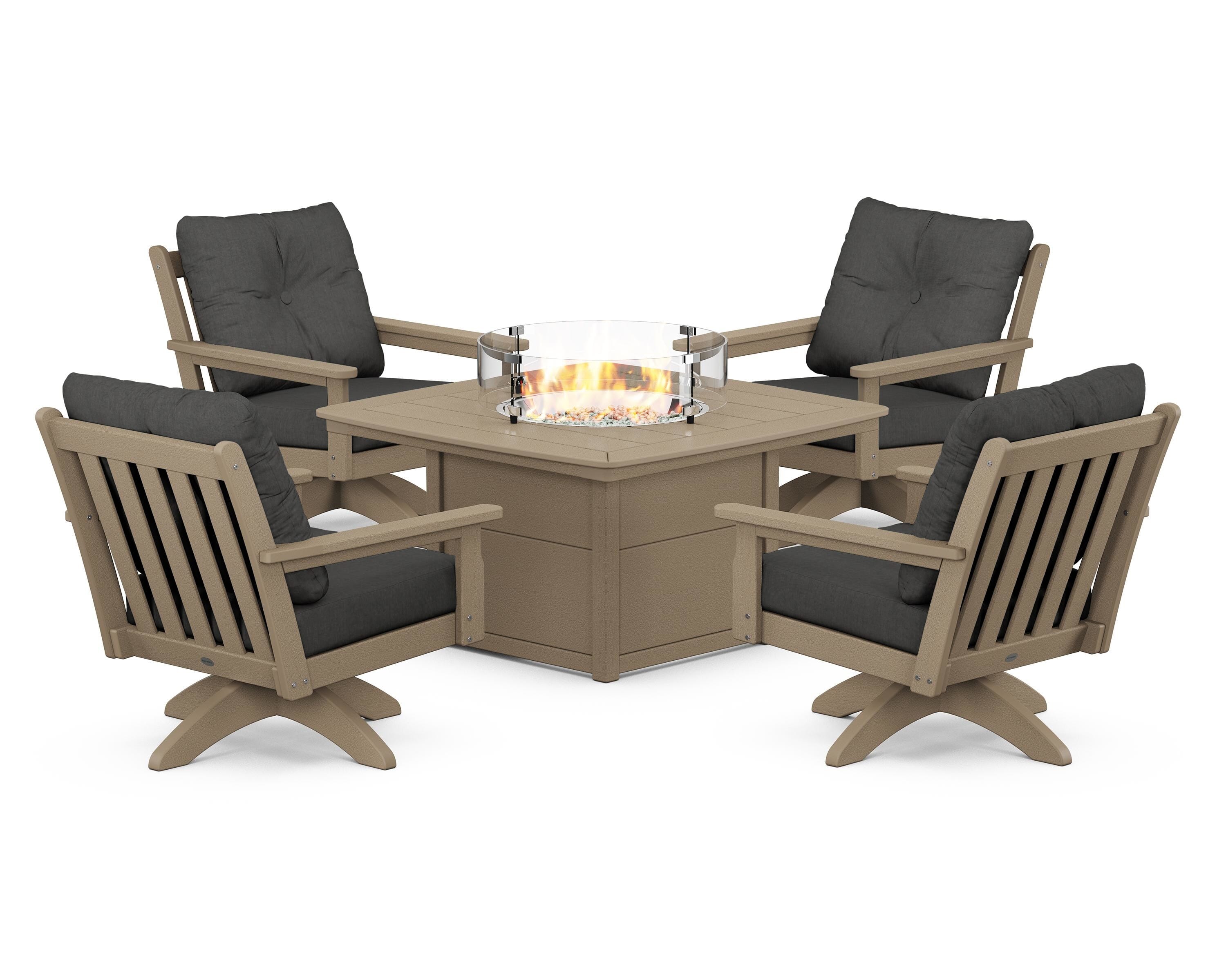POLYWOOD Vineyard 5-Piece Deep Seating Swivel Conversation Set with Fire Pit Table in Vintage Sahara / Spectrum Carbon