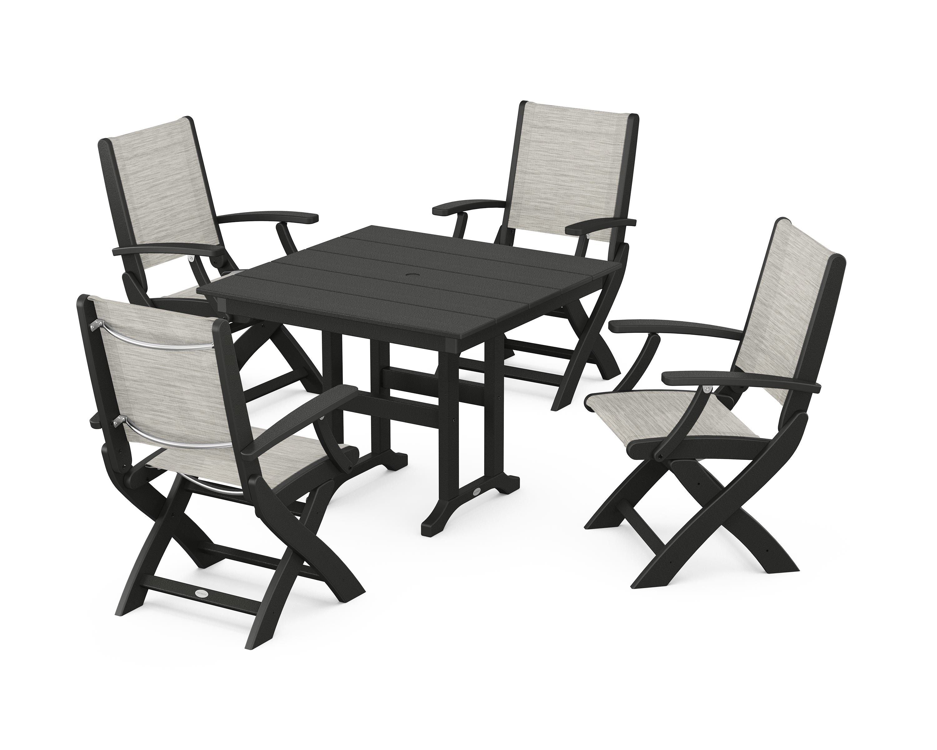 POLYWOOD Coastal Folding Chair 5-Piece Farmhouse Dining Set in Black / Birch Sling