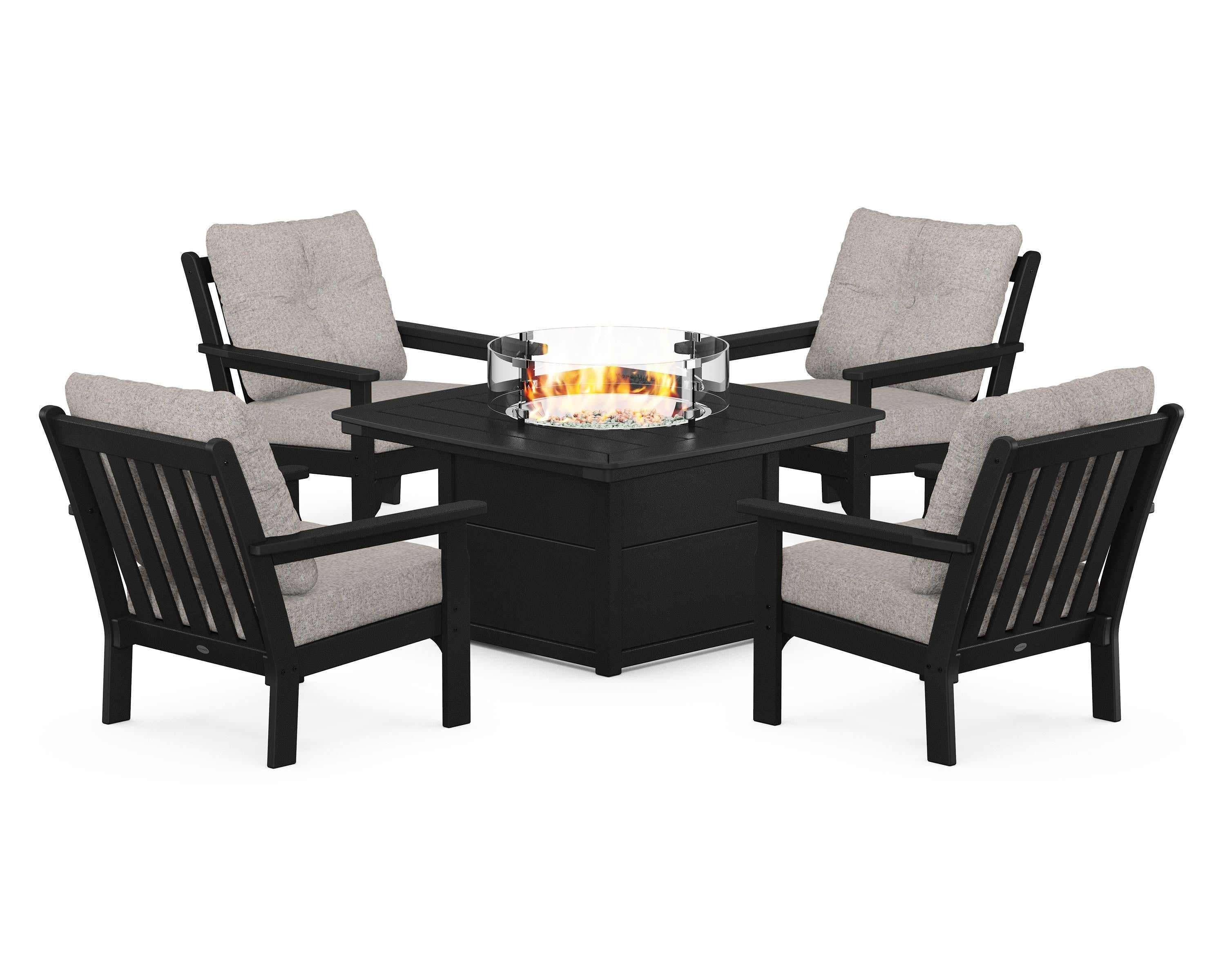 POLYWOOD Vineyard 5-Piece Conversation Set with Fire Pit Table in Black / Weathered Tweed