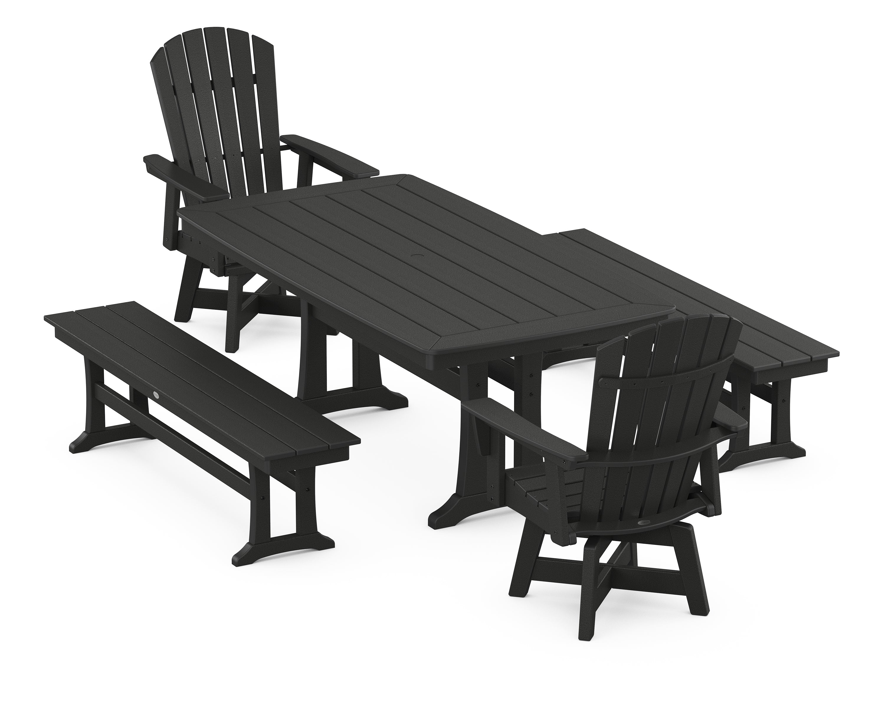 POLYWOOD® Nautical Curveback Adirondack Swivel Chair 5-Piece Dining Set with Trestle Legs and Benches in Black