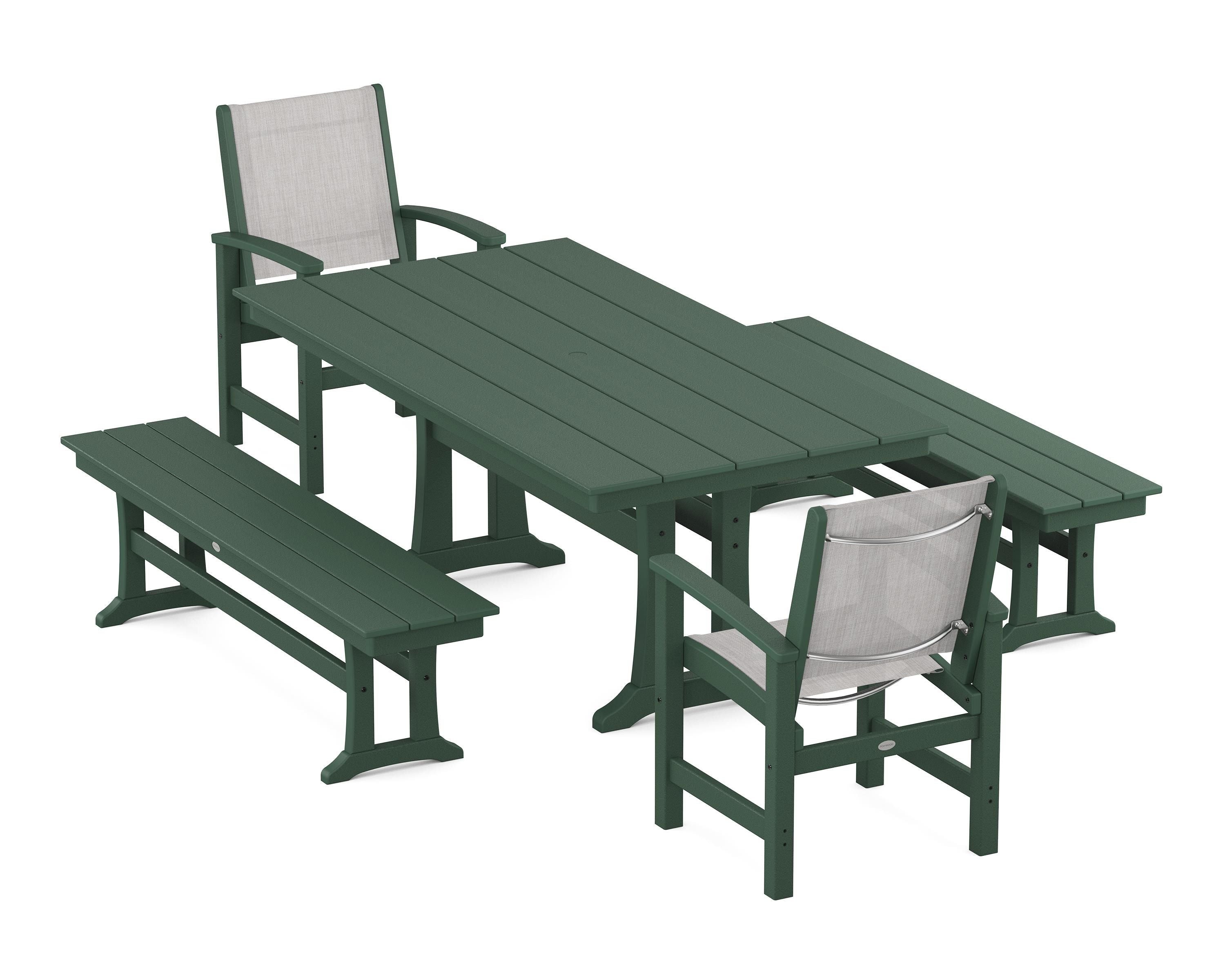 POLYWOOD Coastal 5-Piece Farmhouse Dining Set with Trestle Legs and Benches in Green / Parchment Sling