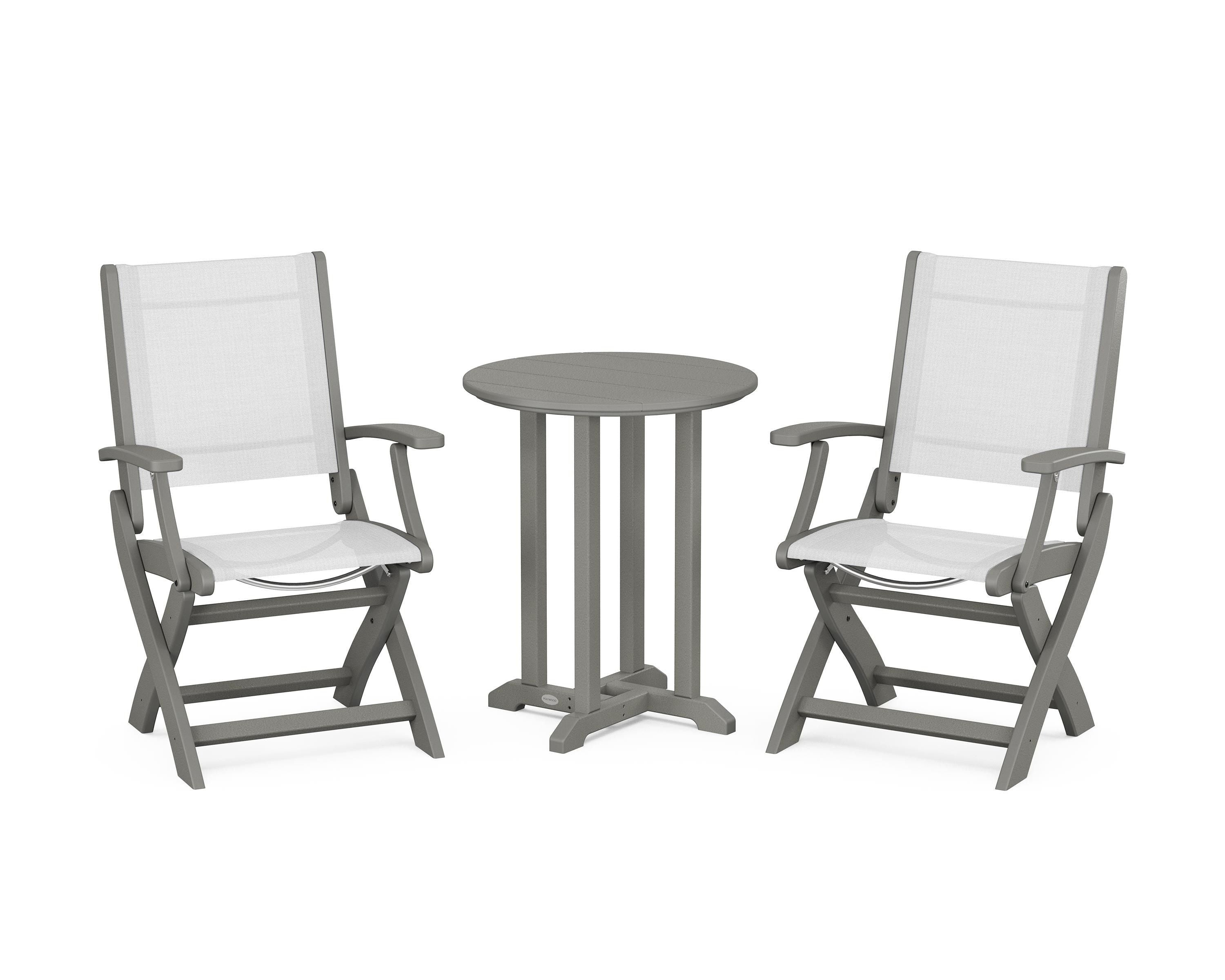 POLYWOOD Coastal Folding 3-Piece Round Bistro Dining Set in Slate Grey / White Sling