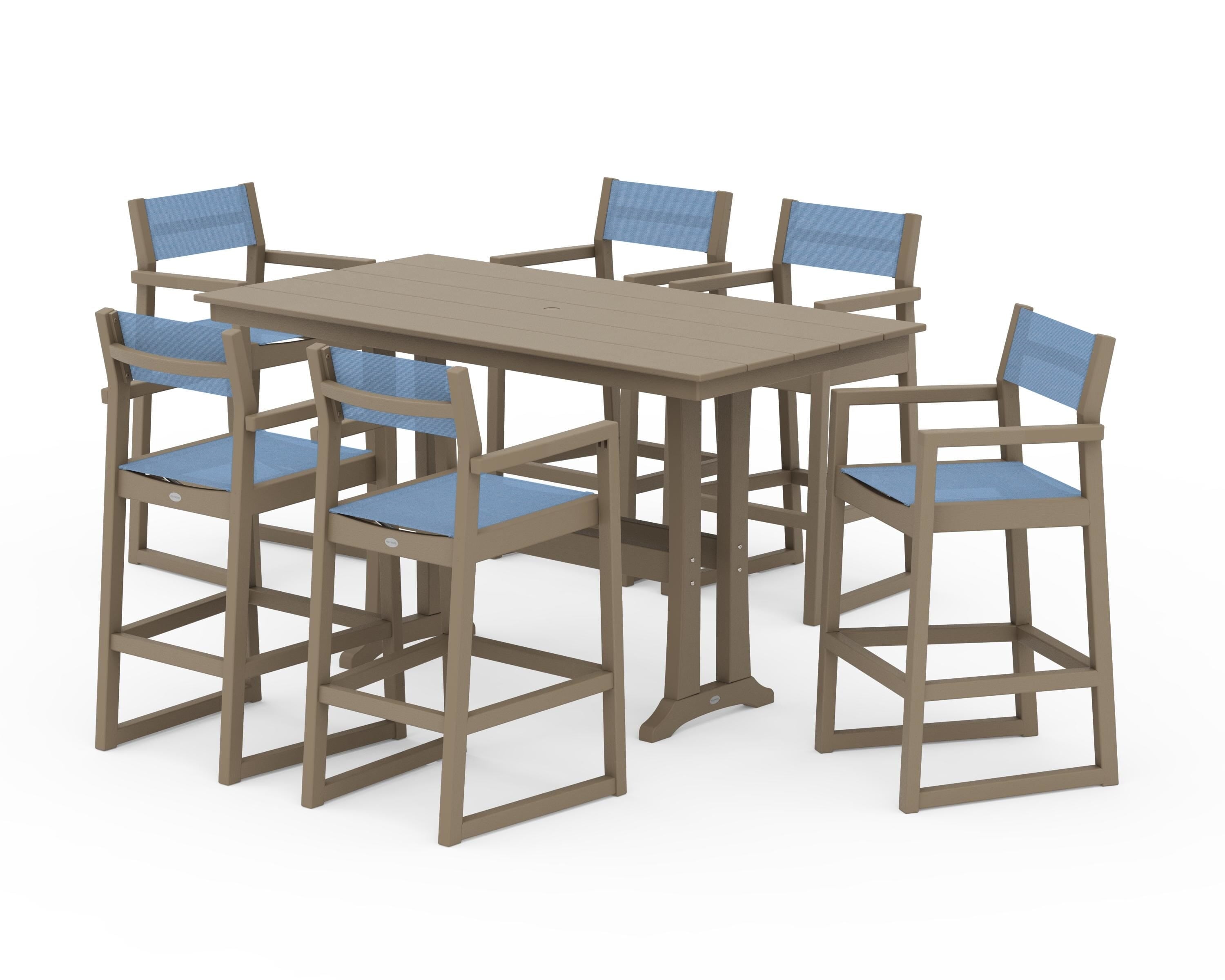 POLYWOOD EDGE Sling Arm Chair 7-Piece Farmhouse Bar Set with Trestle Legs in Vintage Sahara / Poolside Sling