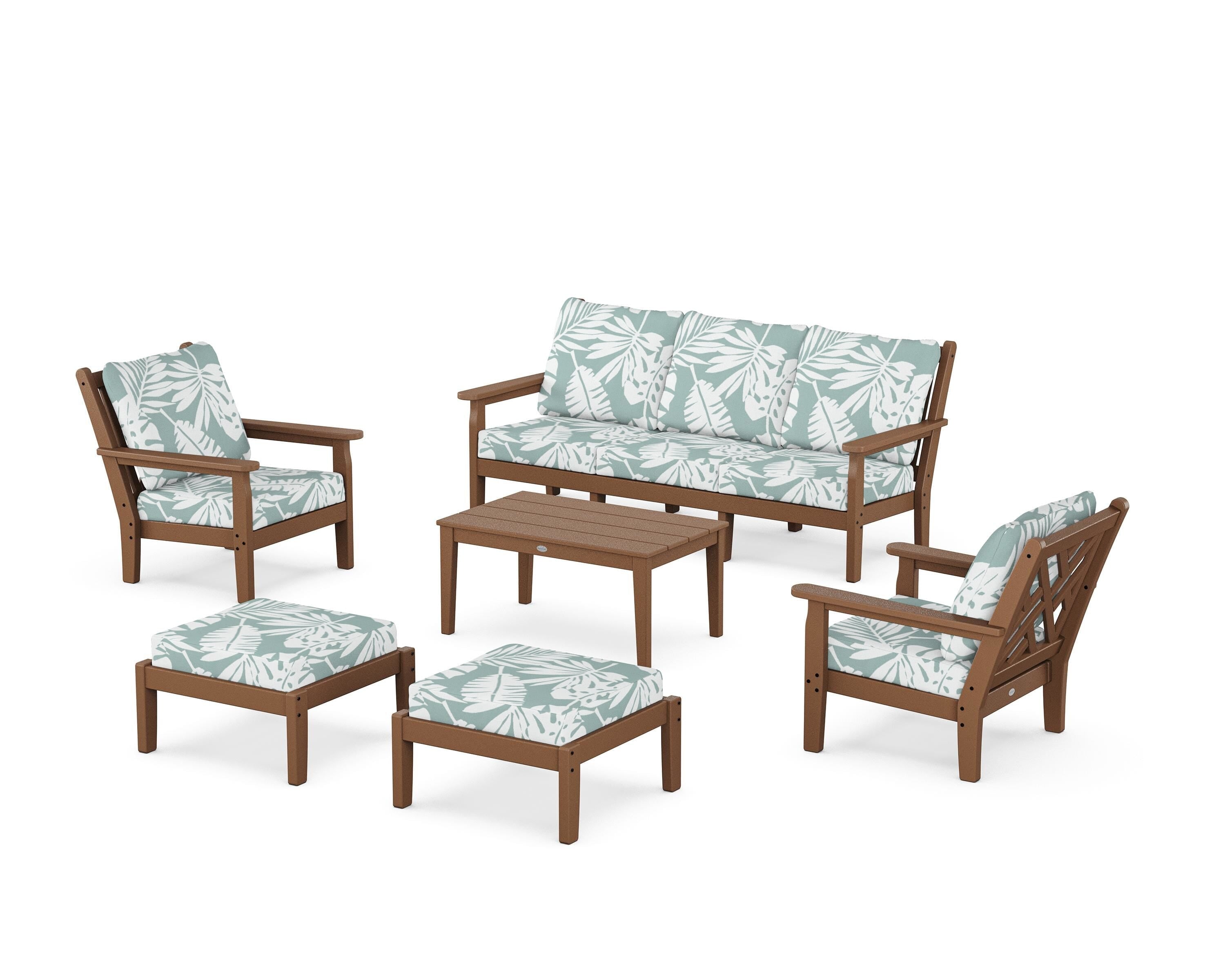 POLYWOOD Chippendale 6-Piece Lounge Sofa Set in Teak / Leaf Glacier Spa