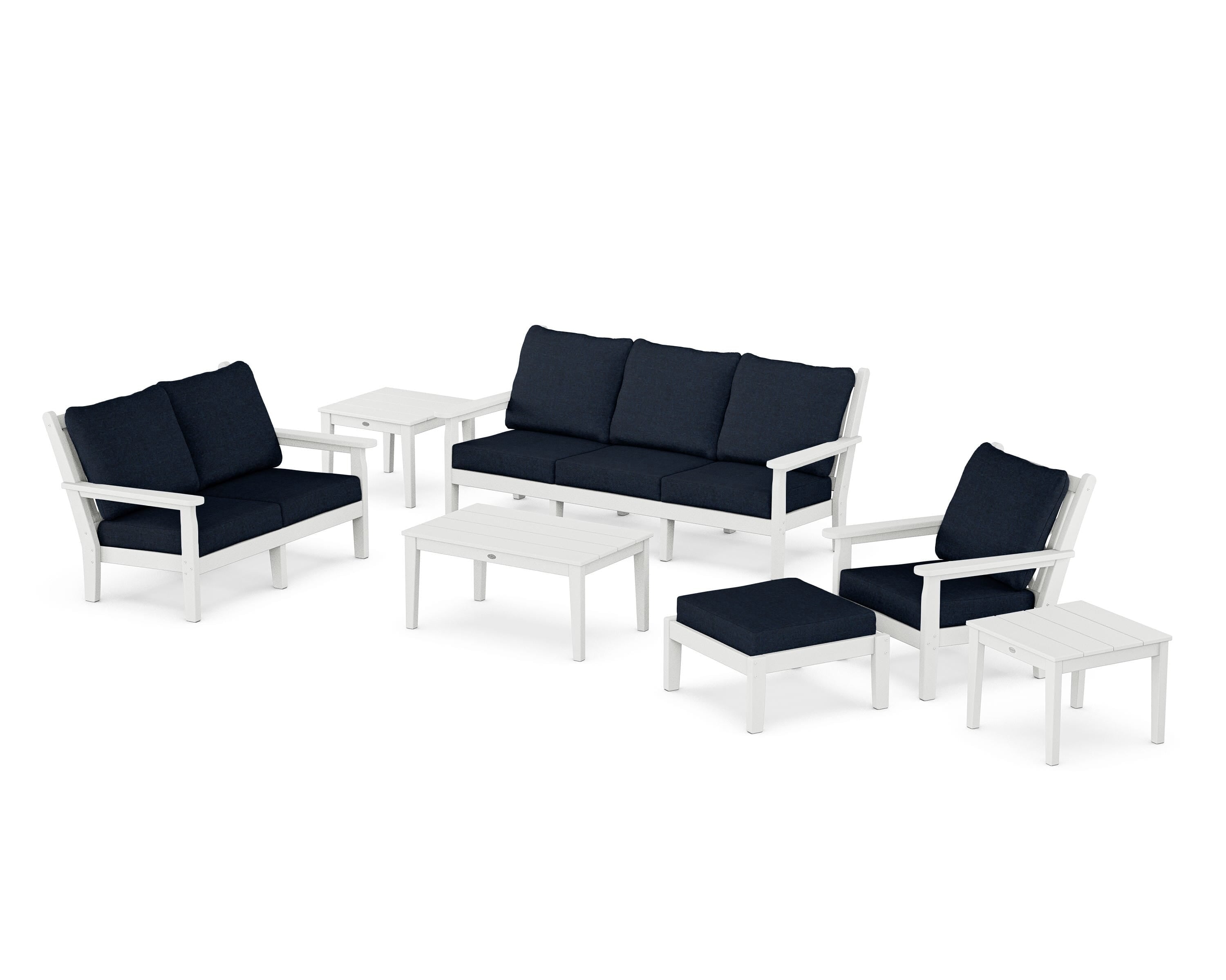 POLYWOOD Chippendale 7-Piece Deep Seating Set in White / Marine Indigo