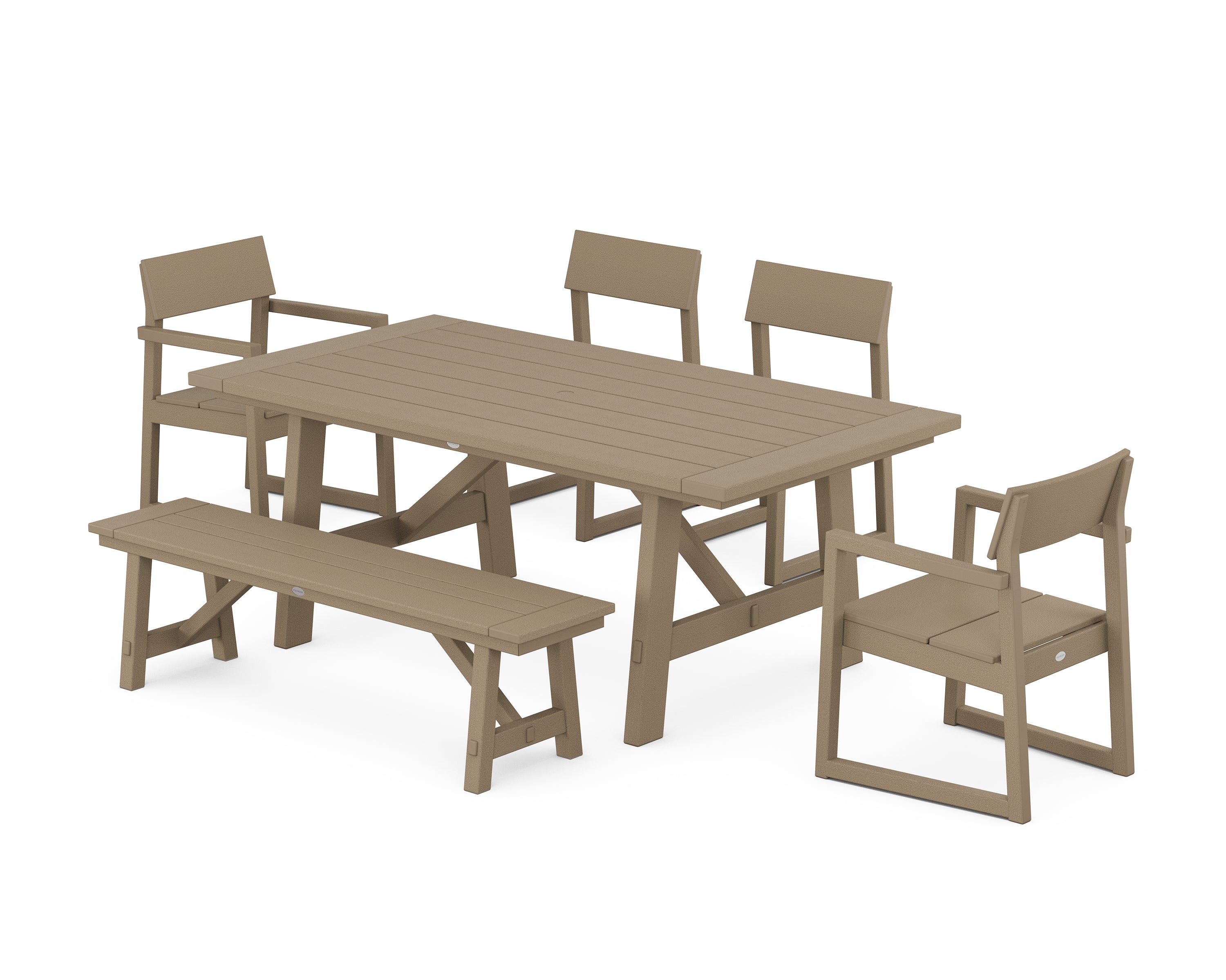 POLYWOOD® EDGE 6-Piece Rustic Farmhouse Dining Set with Bench in Vintage Sahara