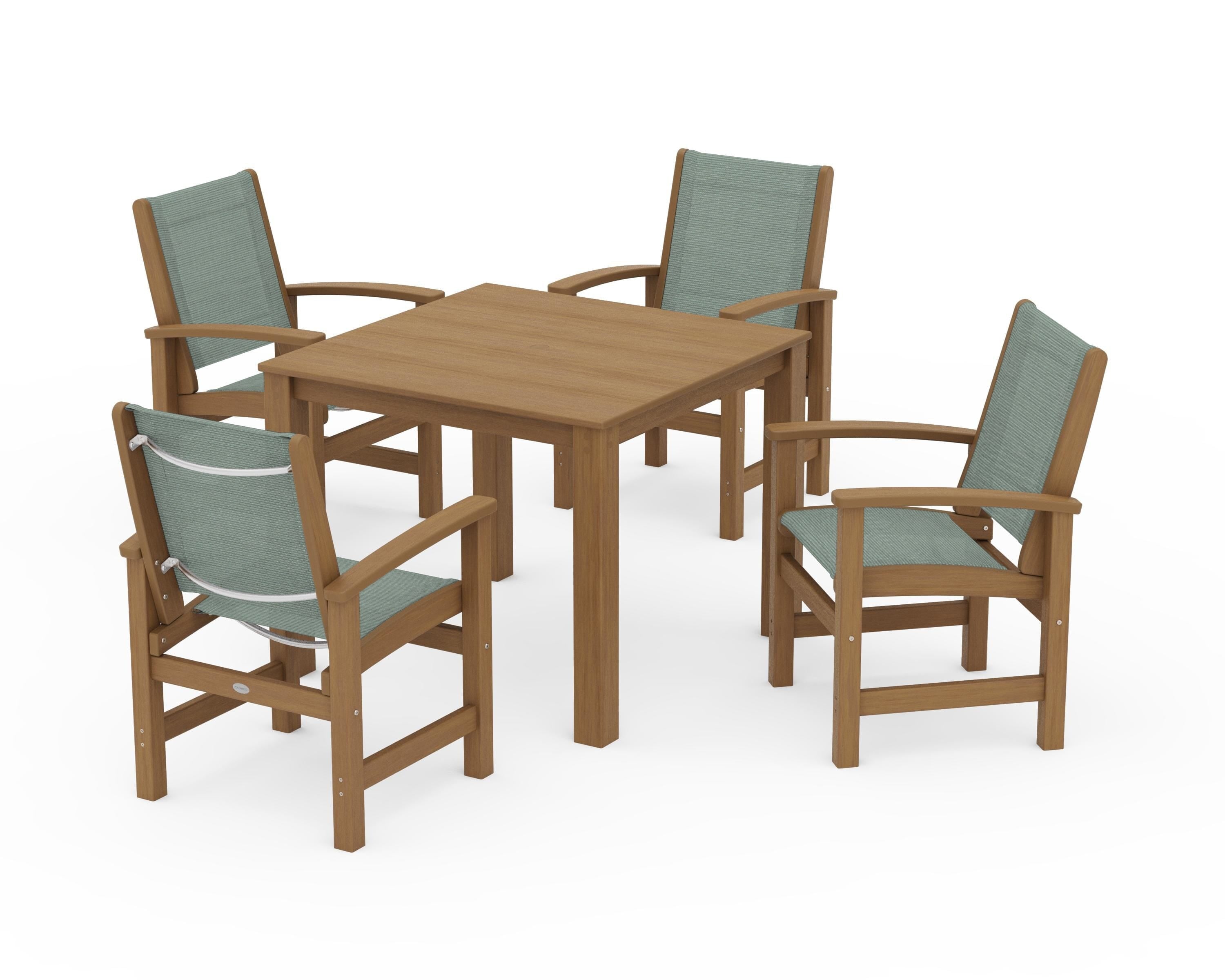 POLYWOOD Coastal 5-Piece Parsons Dining Set in Natural / Dupioni Sea Mist Sling