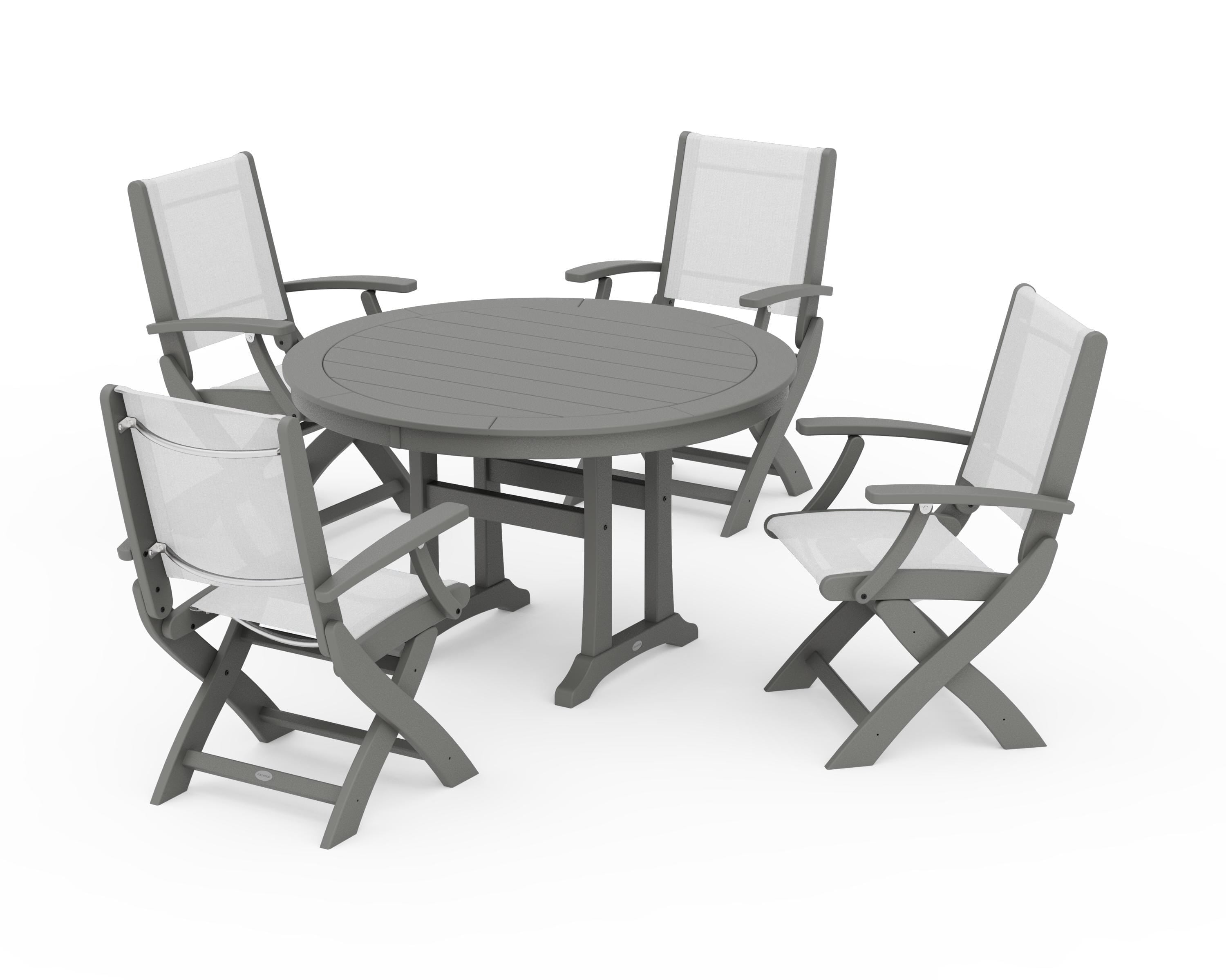 POLYWOOD Coastal Folding Chair 5-Piece Round Dining Set with Trestle Legs in Slate Grey / White Sling