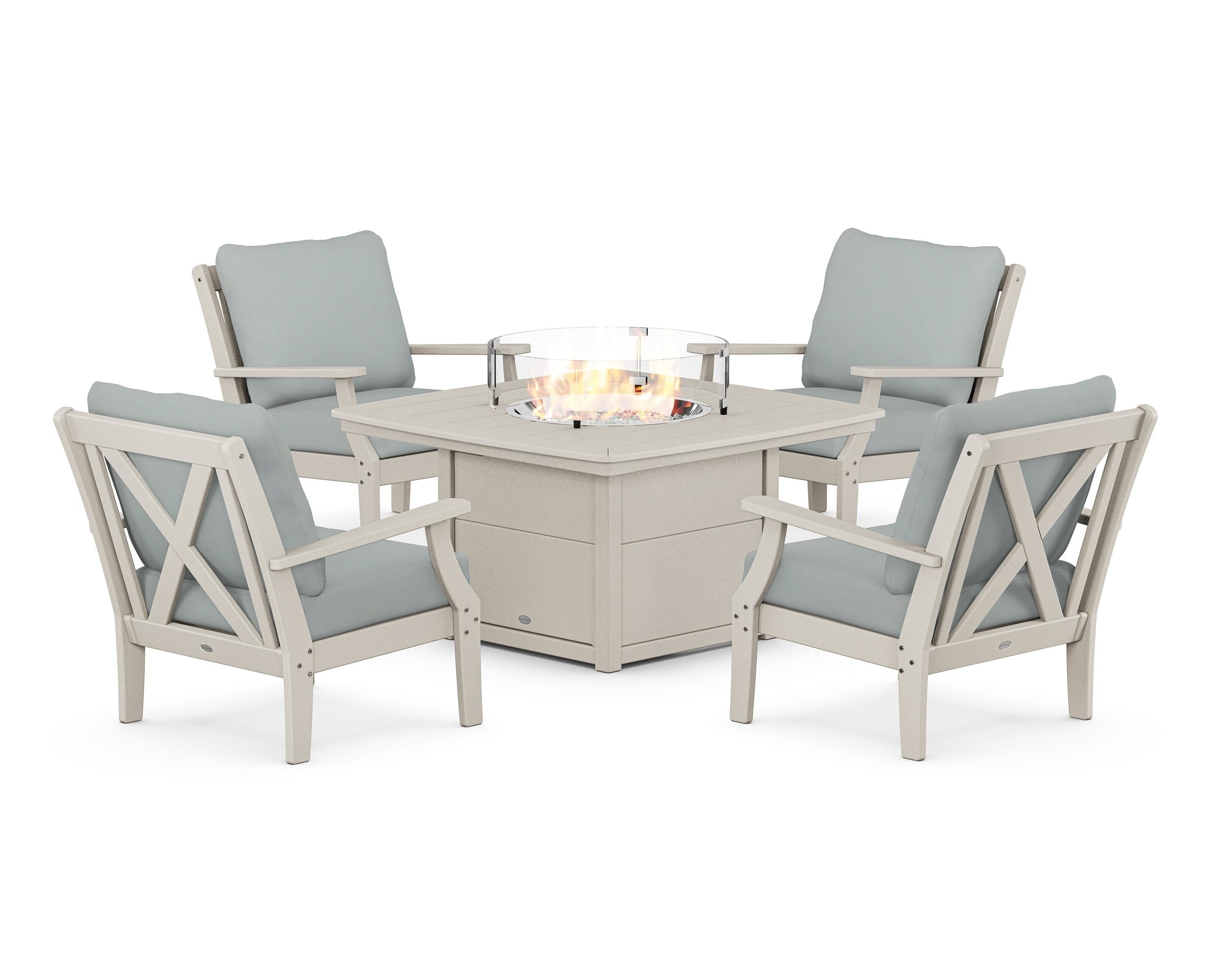 POLYWOOD Braxton 5-Piece Deep Seating Conversation Set with Fire Pit Table in Sand / Spa