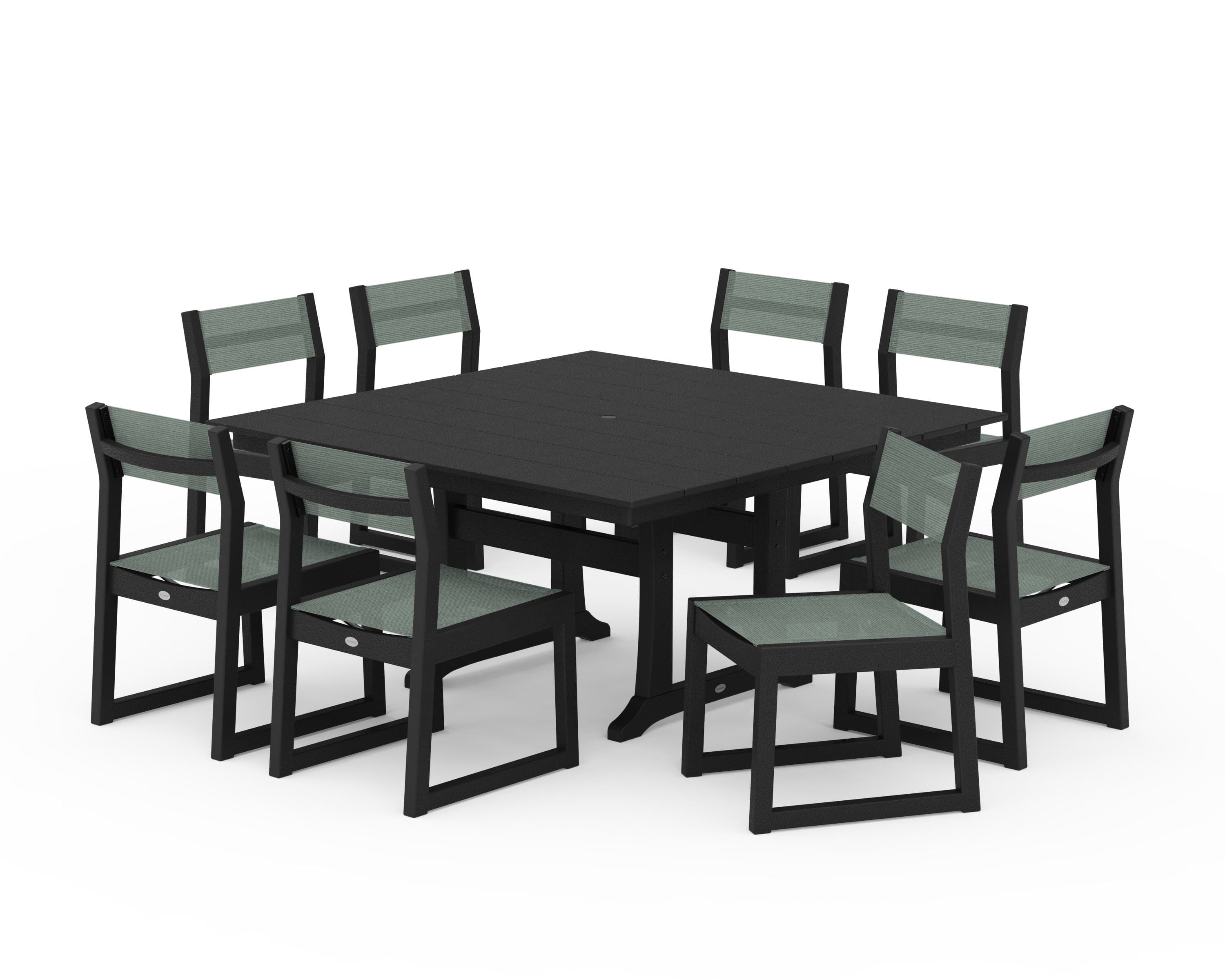 POLYWOOD EDGE Sling Side Chair 9-Piece Farmhouse Trestle Dining Set in Black / Dupioni Sea Mist Sling
