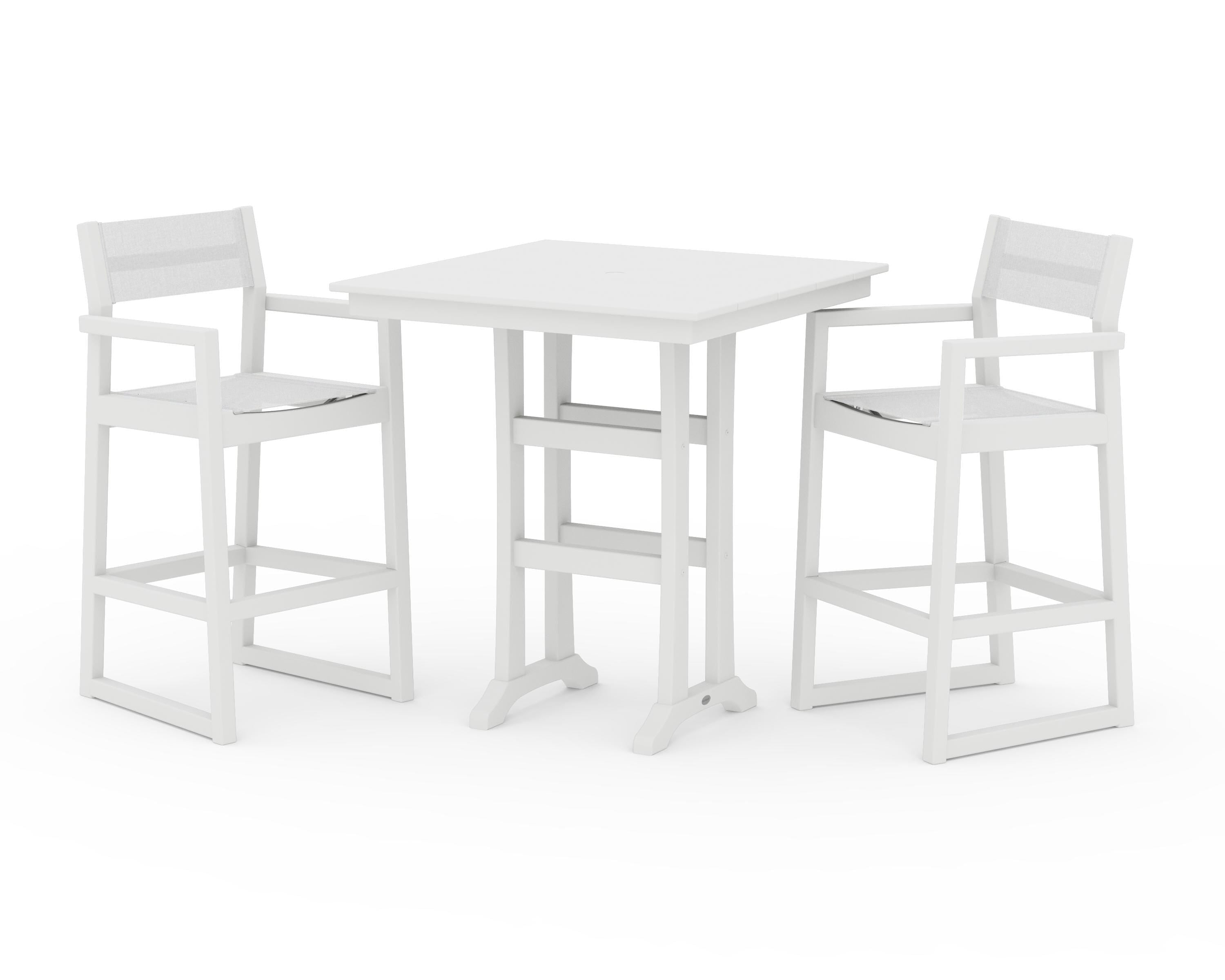 POLYWOOD EDGE Sling Arm Chair 3-Piece Farmhouse Bar Set with Trestle Legs in White / White Sling