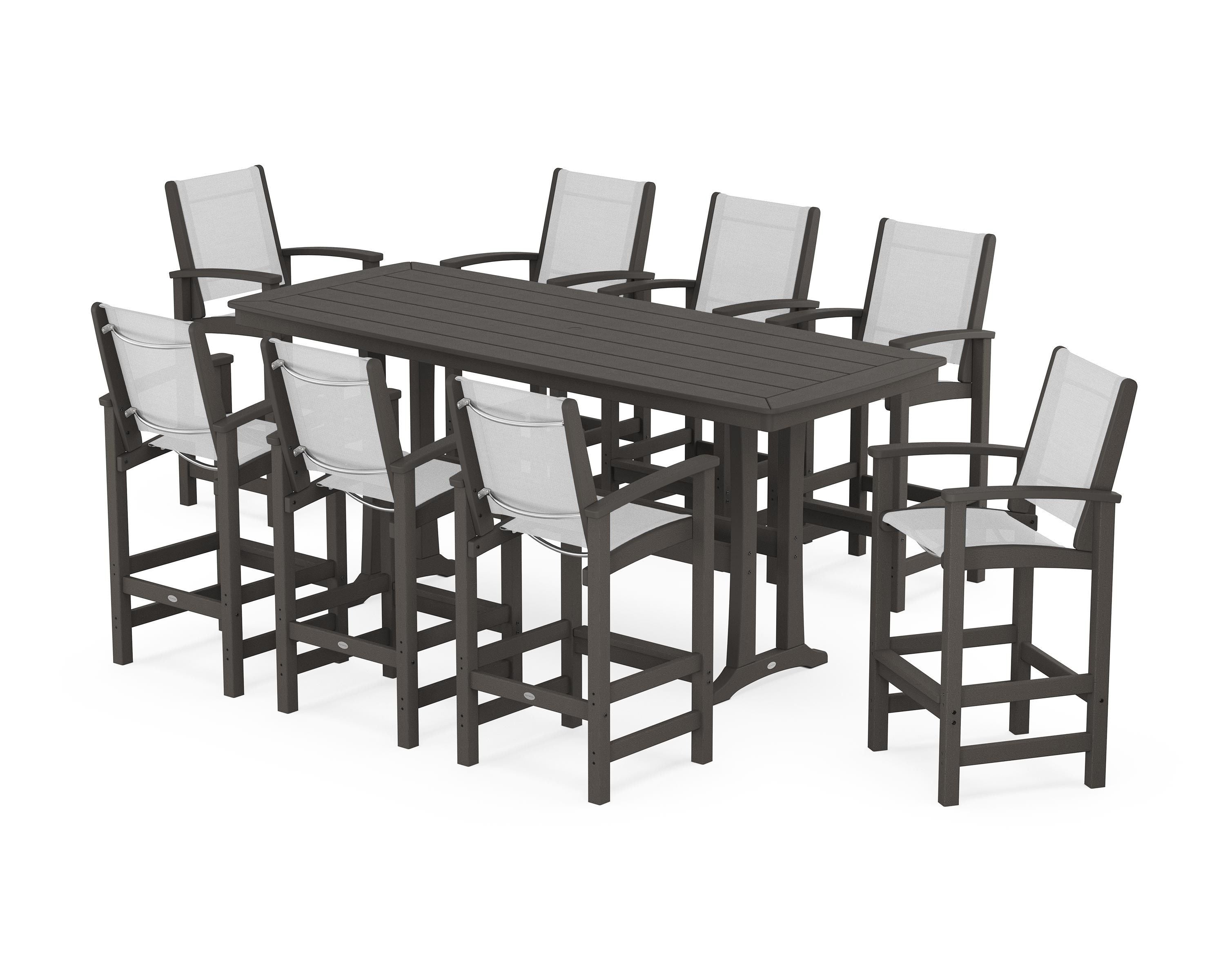 POLYWOOD Coastal 9-Piece Bar Set with Trestle Legs in Vintage Coffee / White Sling