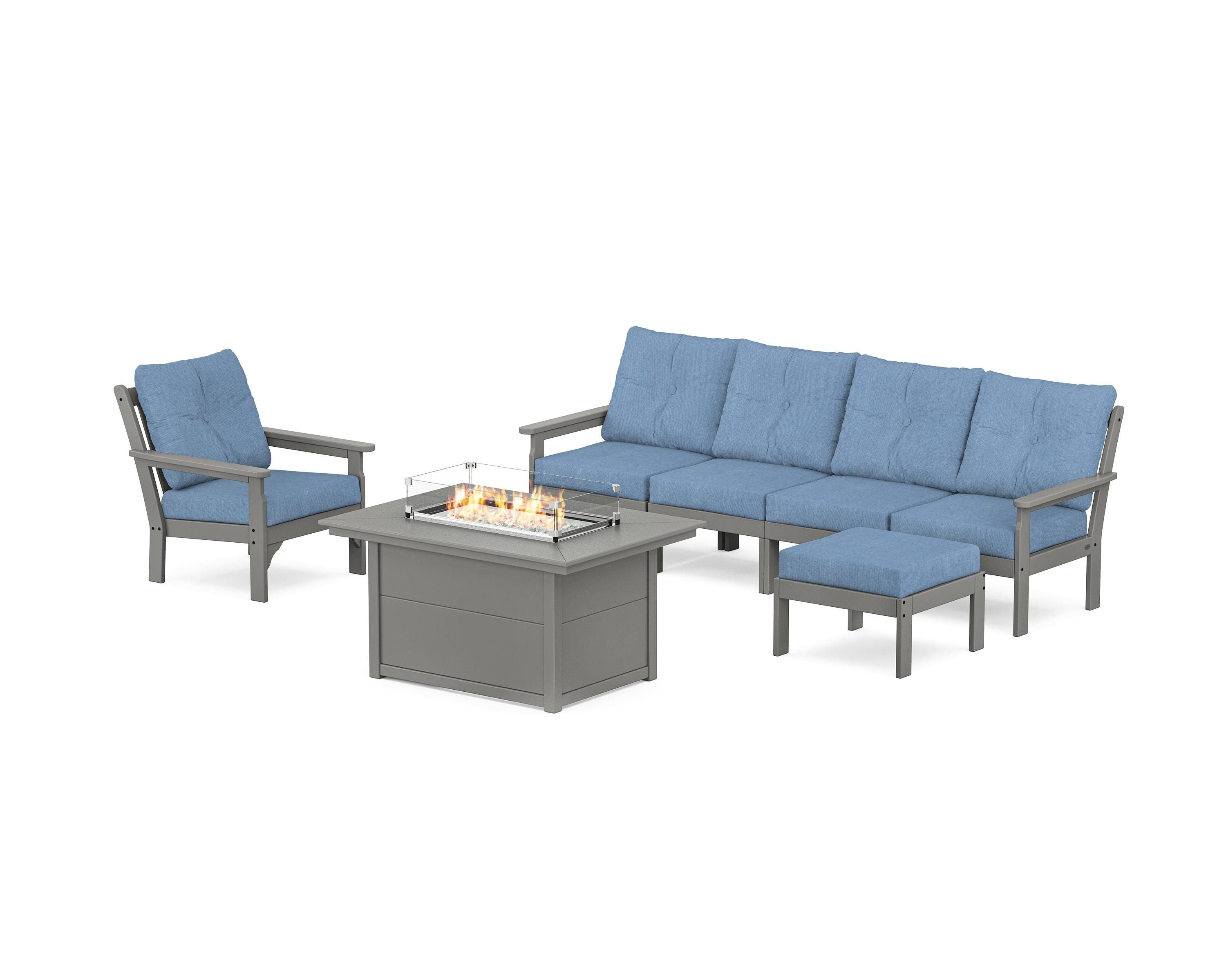 POLYWOOD Vineyard Sectional Lounge and Fire Pit Set in Slate Grey / Sky Blue
