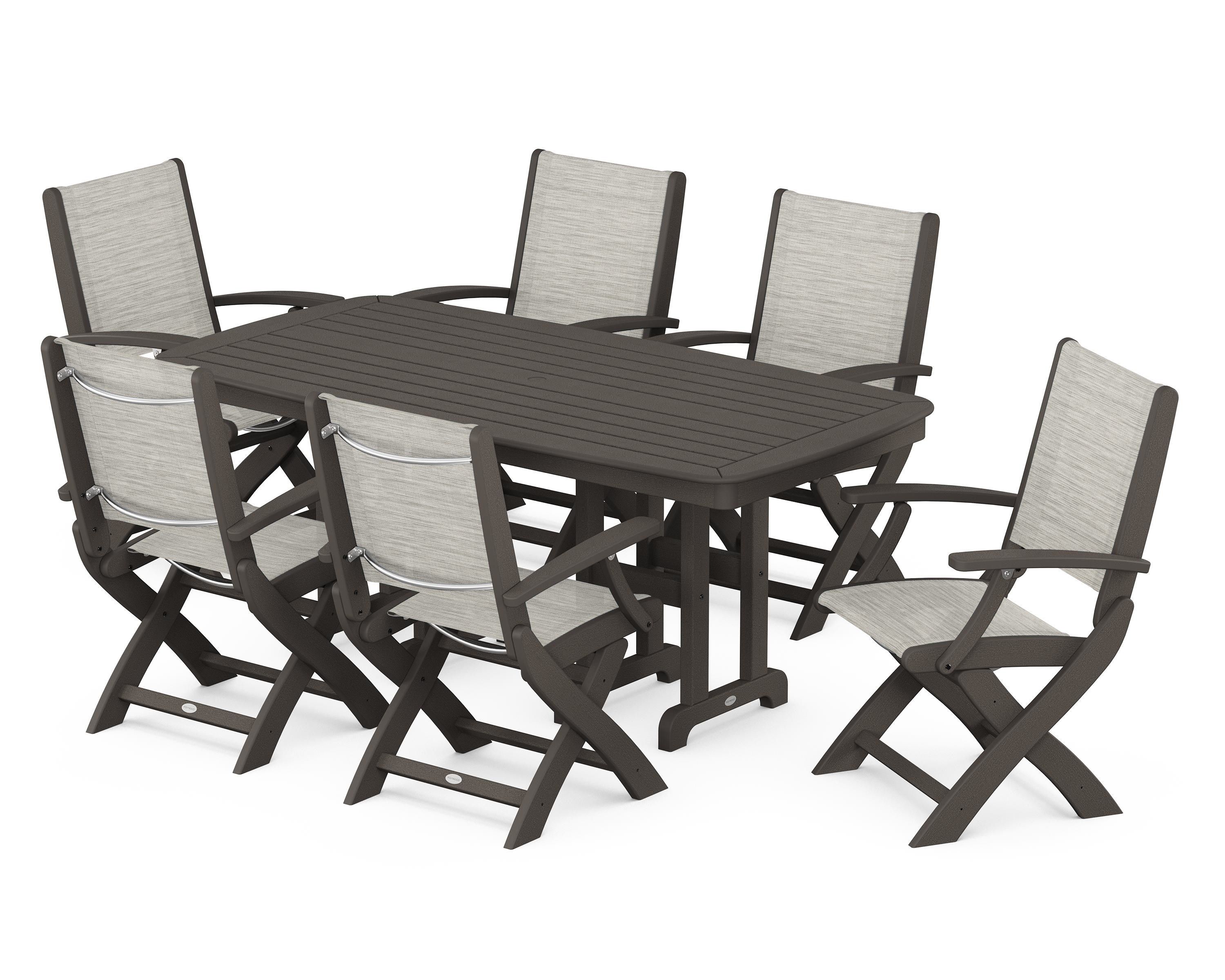 POLYWOOD Coastal Folding Arm Chair 7-Piece Dining Set in Vintage Coffee / Birch Sling