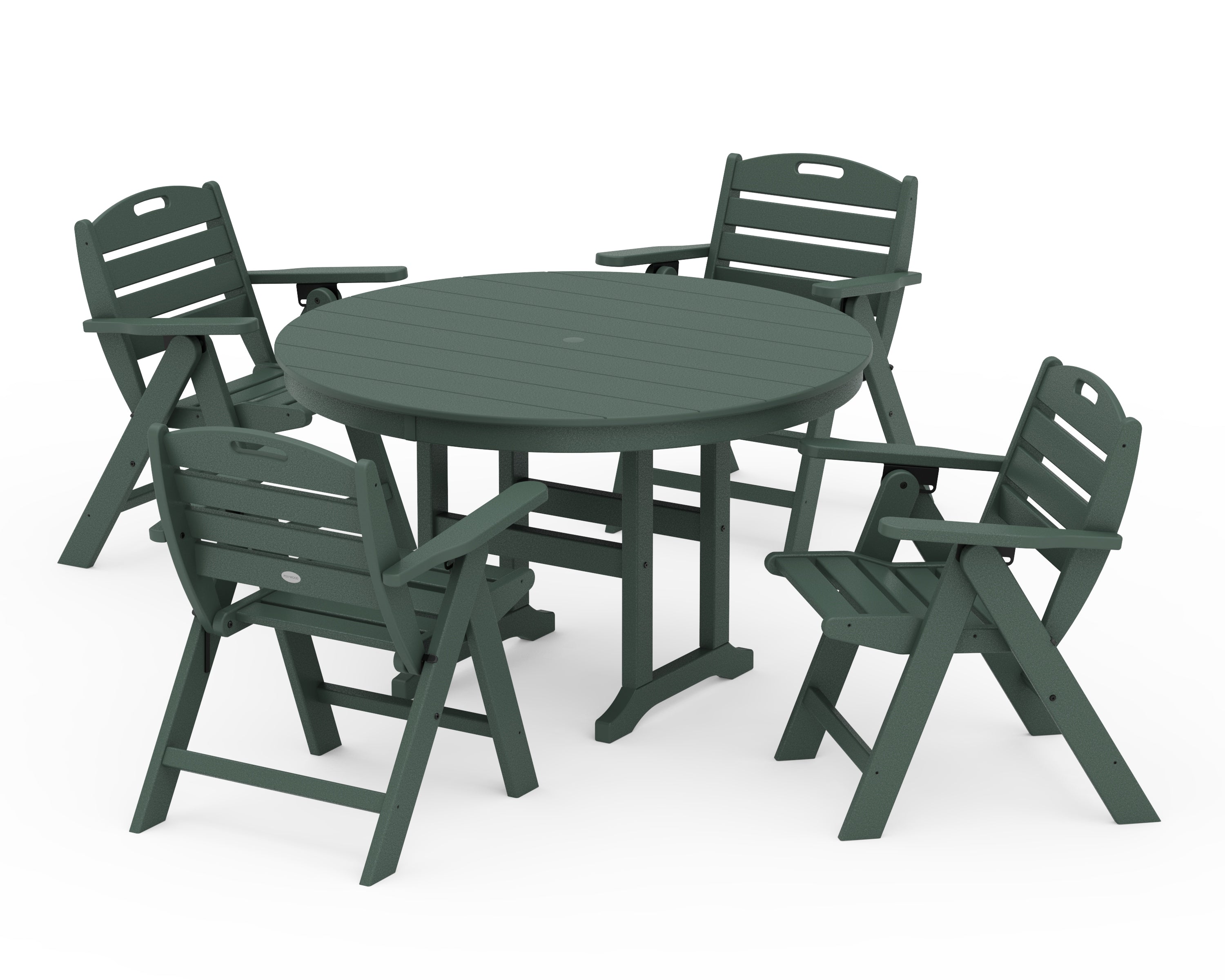POLYWOOD Nautical Folding Lowback Chair 5-Piece Round Farmhouse Dining Set in Green