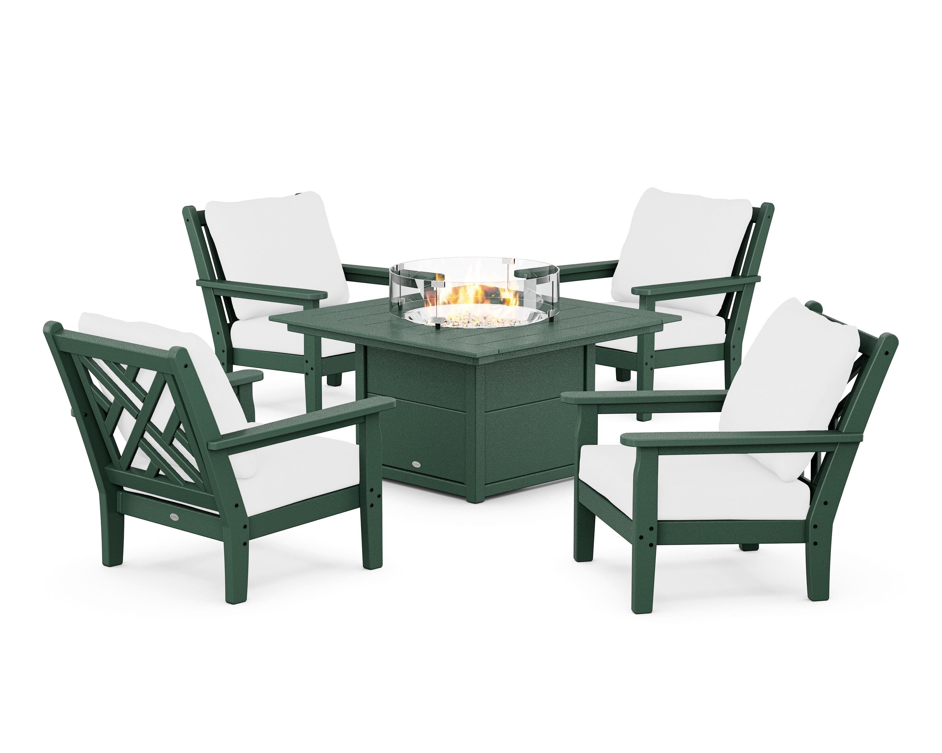 POLYWOOD Chippendale 5-Piece Deep Seating Set with Fire Pit Table in Green / Natural