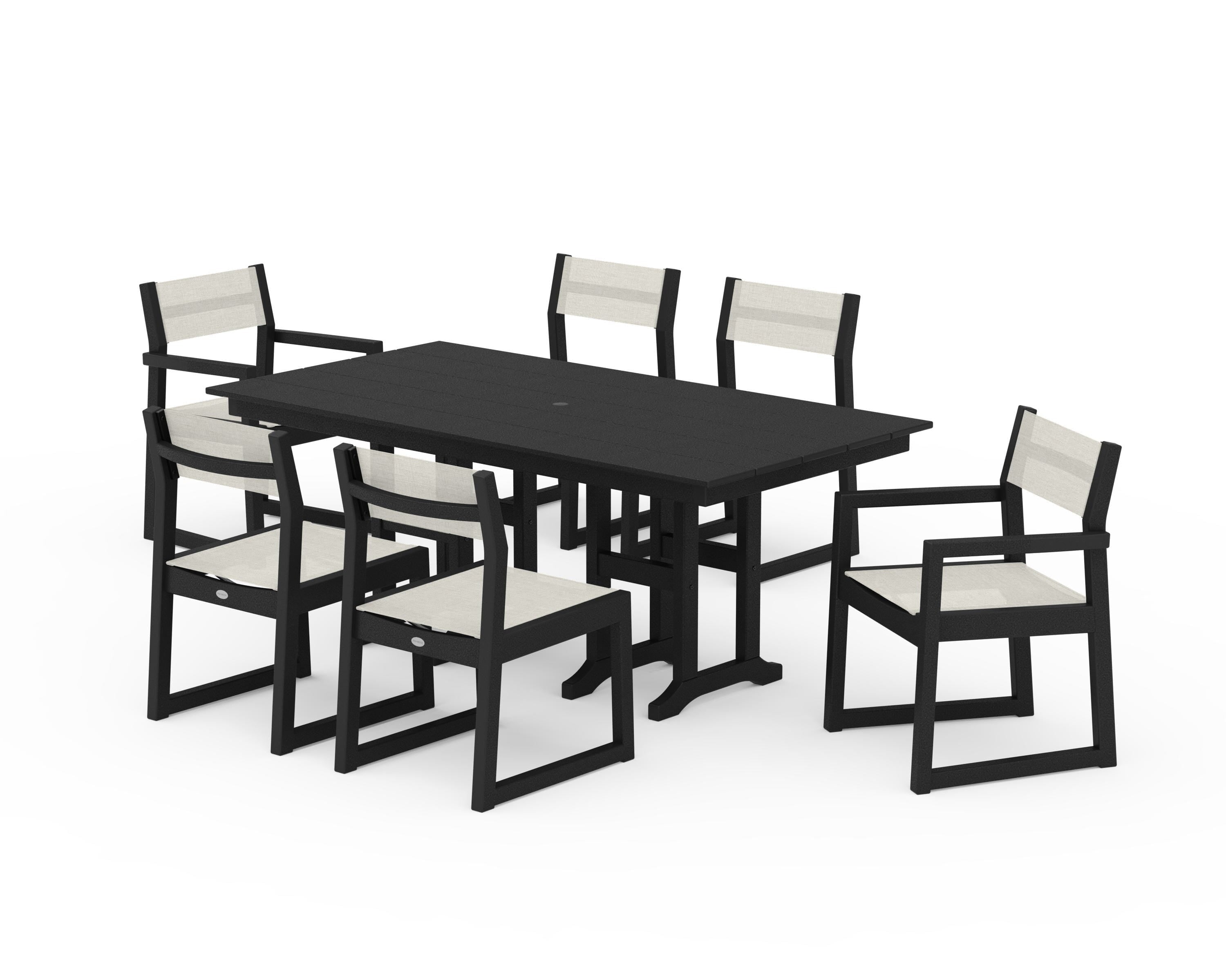POLYWOOD EDGE Sling 7-Piece Farmhouse Dining Set in Black / Parchment Sling