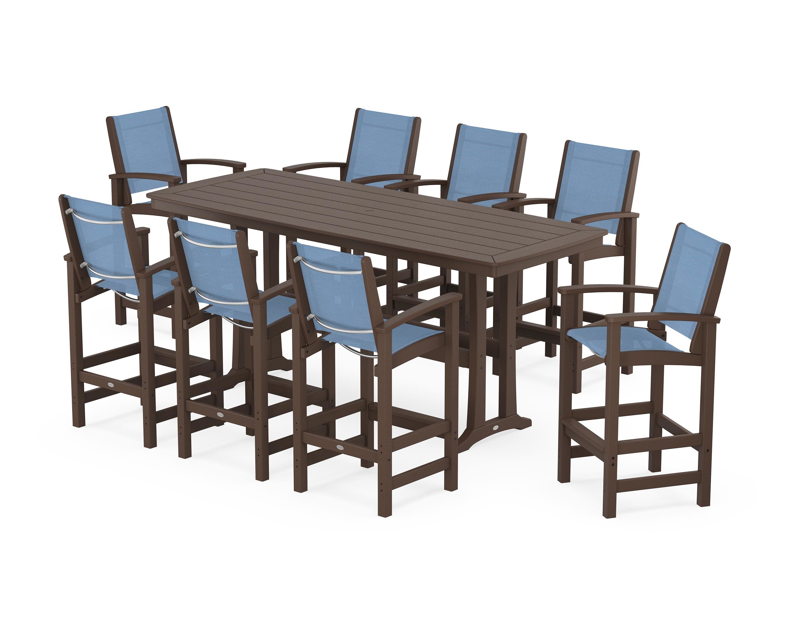 POLYWOOD Coastal 9-Piece Bar Set with Trestle Legs in Mahogany / Poolside Sling