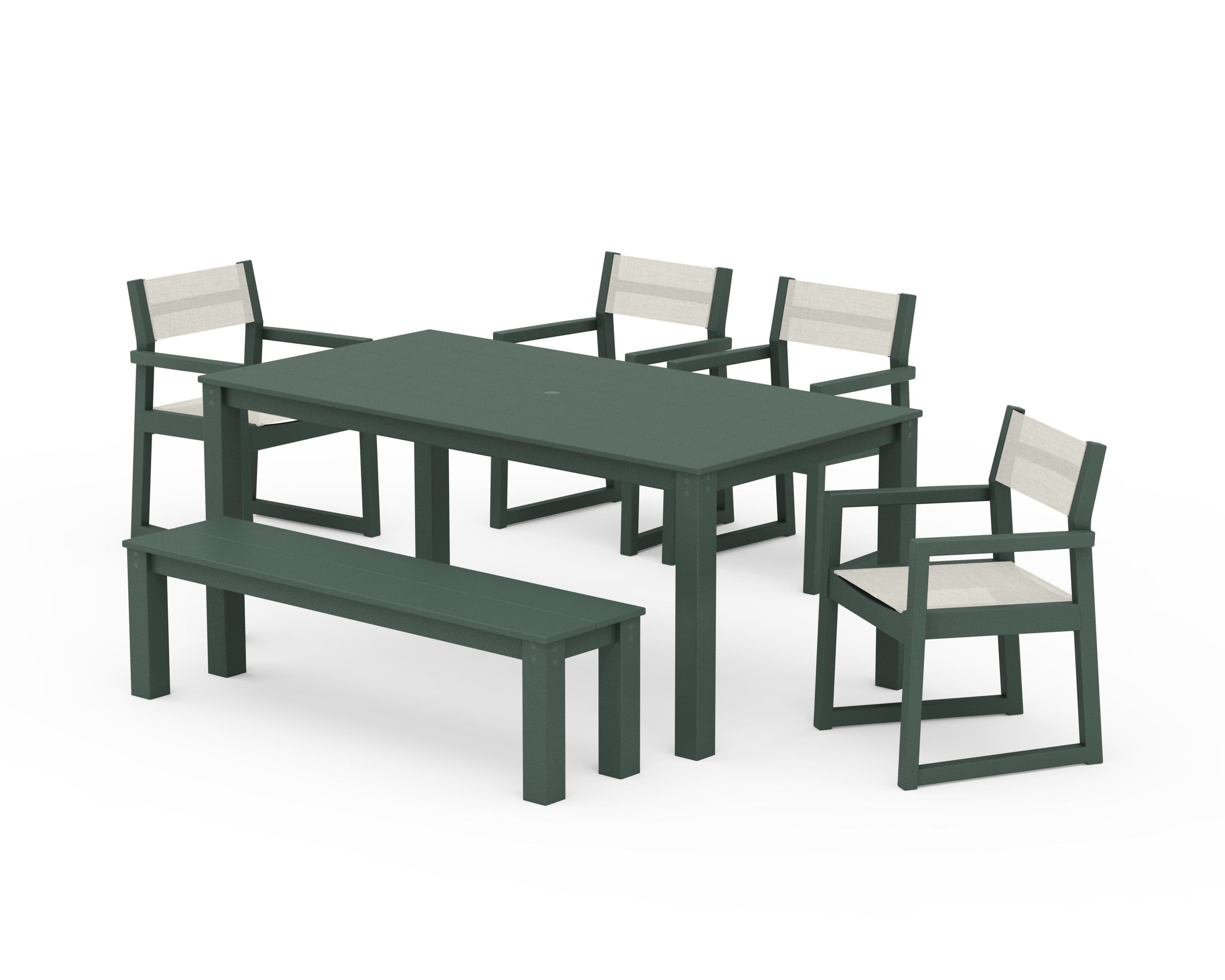 POLYWOOD EDGE Sling Arm Chair 6-Piece Parsons Dining Set with Bench in Green / Parchment Sling