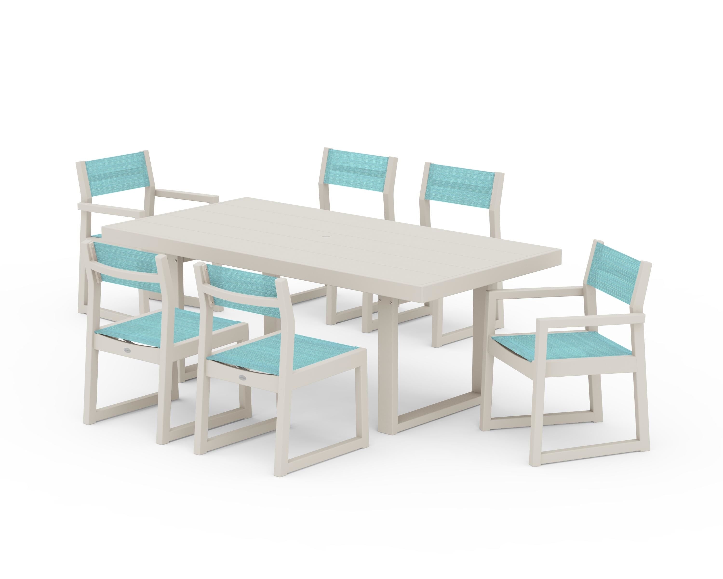 POLYWOOD EDGE Sling 7-Piece Dining Set in Sand / Dupioni Aquamarine Sling