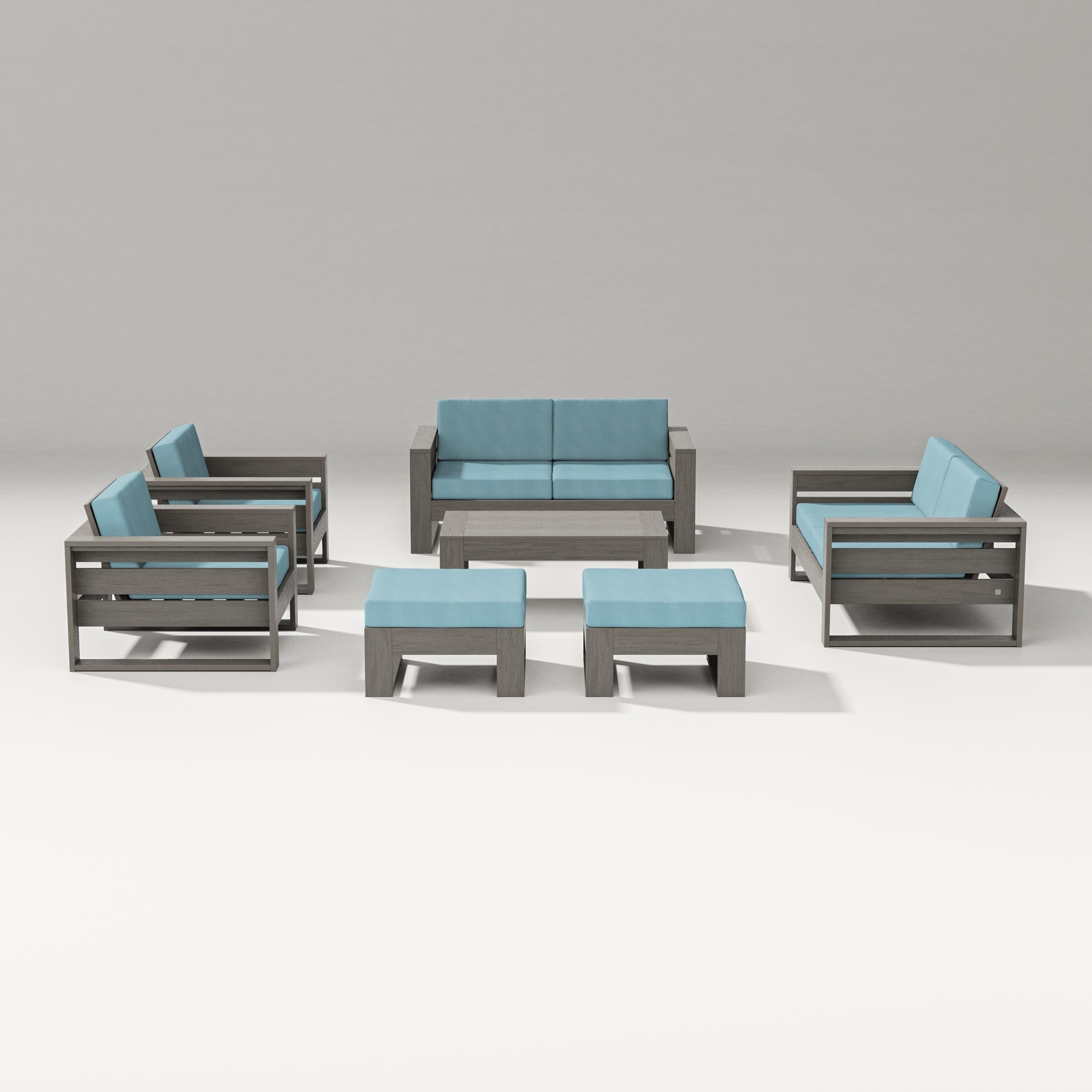 PW Designer Series Latitude 7-Piece Lounge Loveseat Set in Driftwood / Lattice Sky Blue