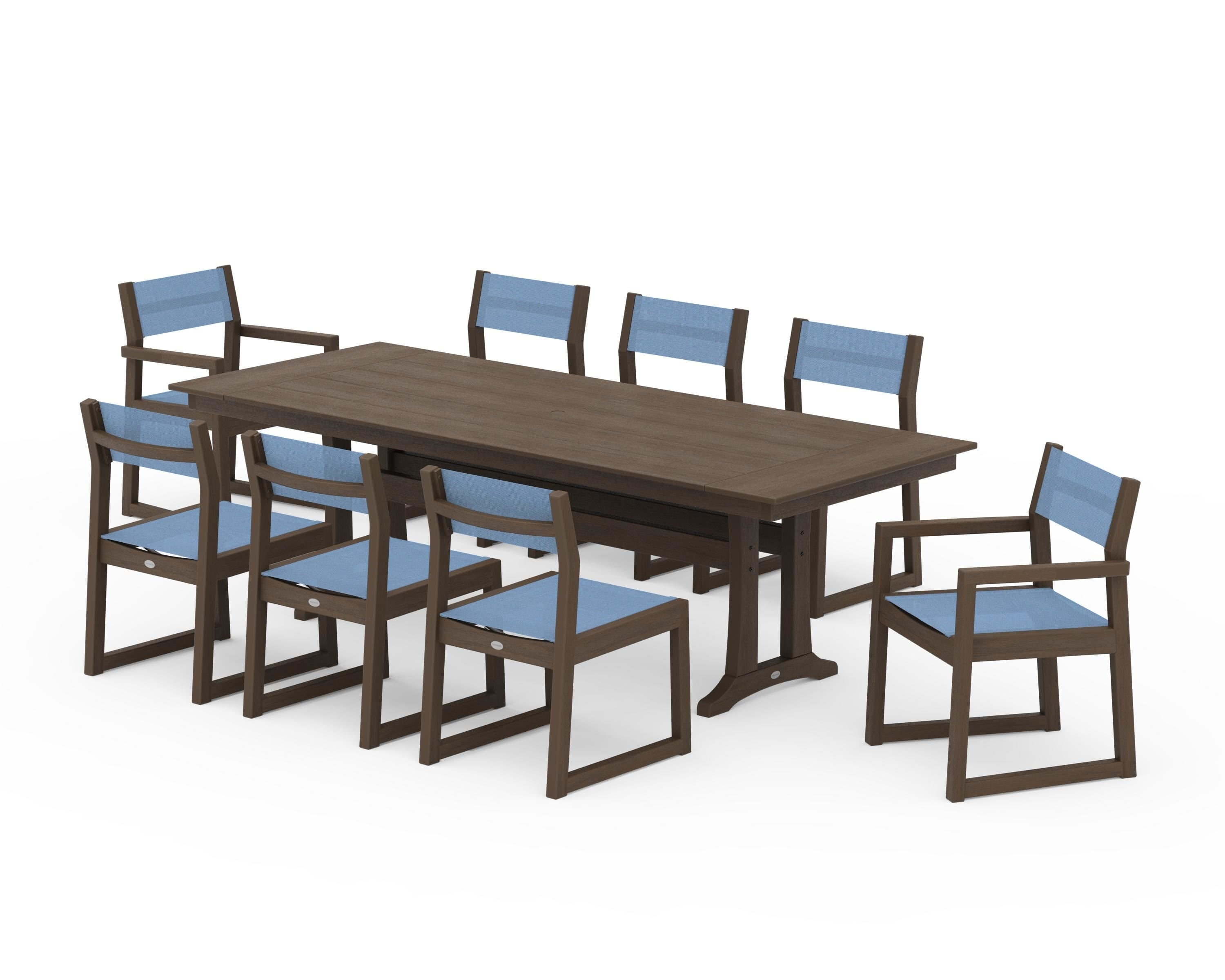POLYWOOD EDGE Sling 9-Piece Farmhouse Trestle Dining Set in Kona / Poolside Sling